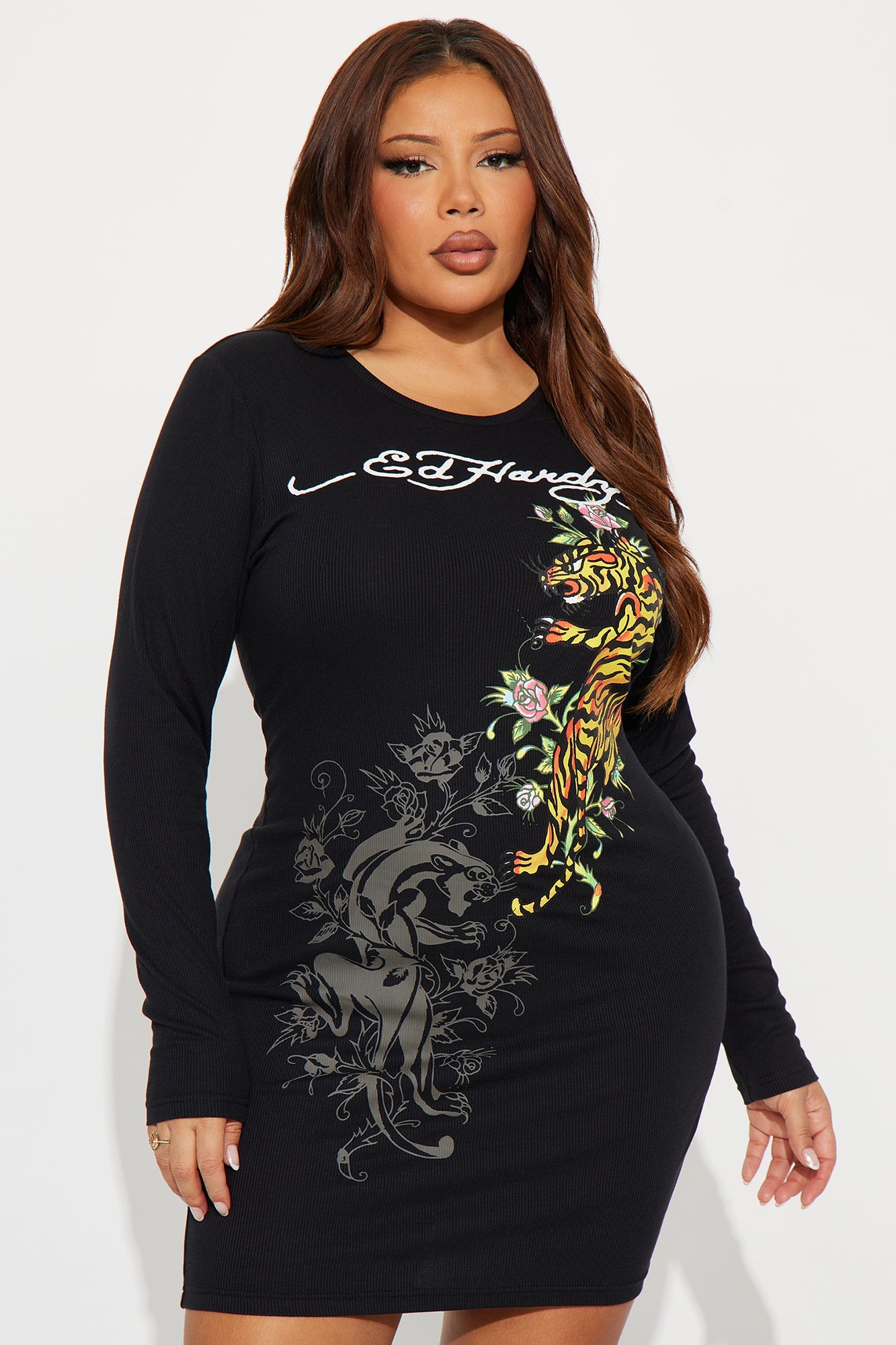 Ed Hardy Tiger Ribbed Mini Dress - Black