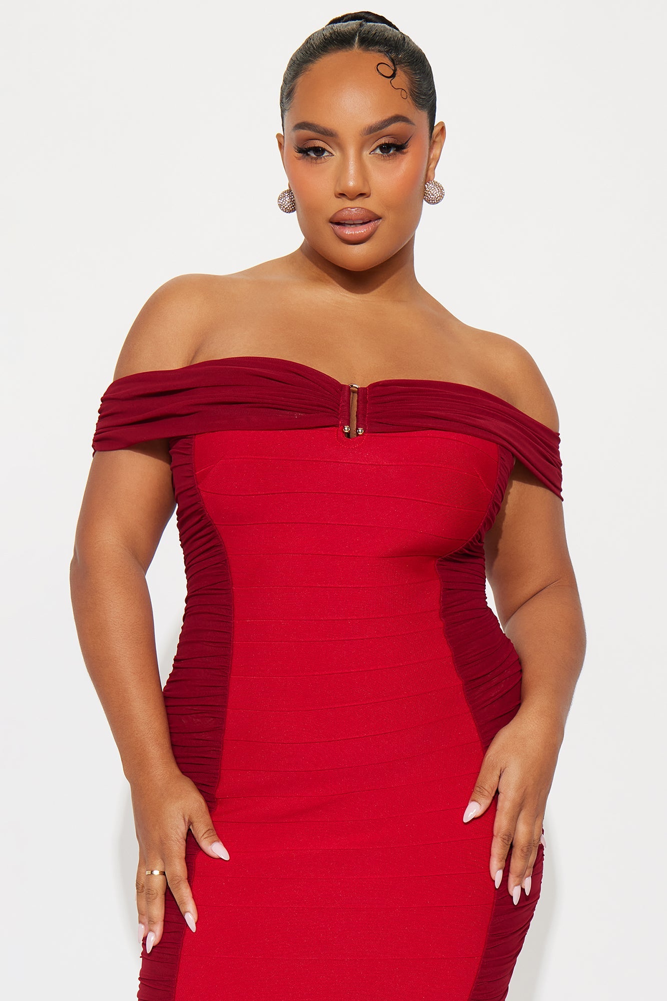 Leilani Off Shoulder Mesh Bandage Midi Dress - Red