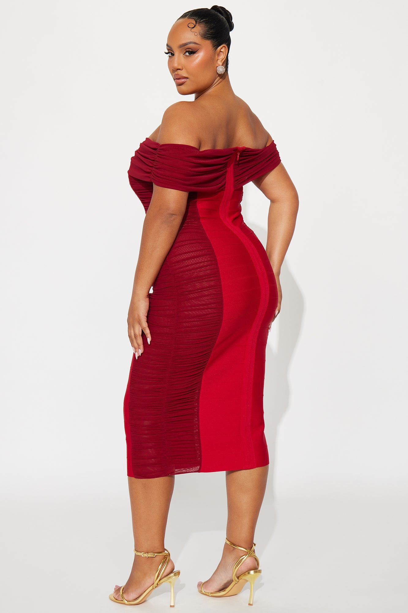 Leilani Off Shoulder Mesh Bandage Midi Dress - Red