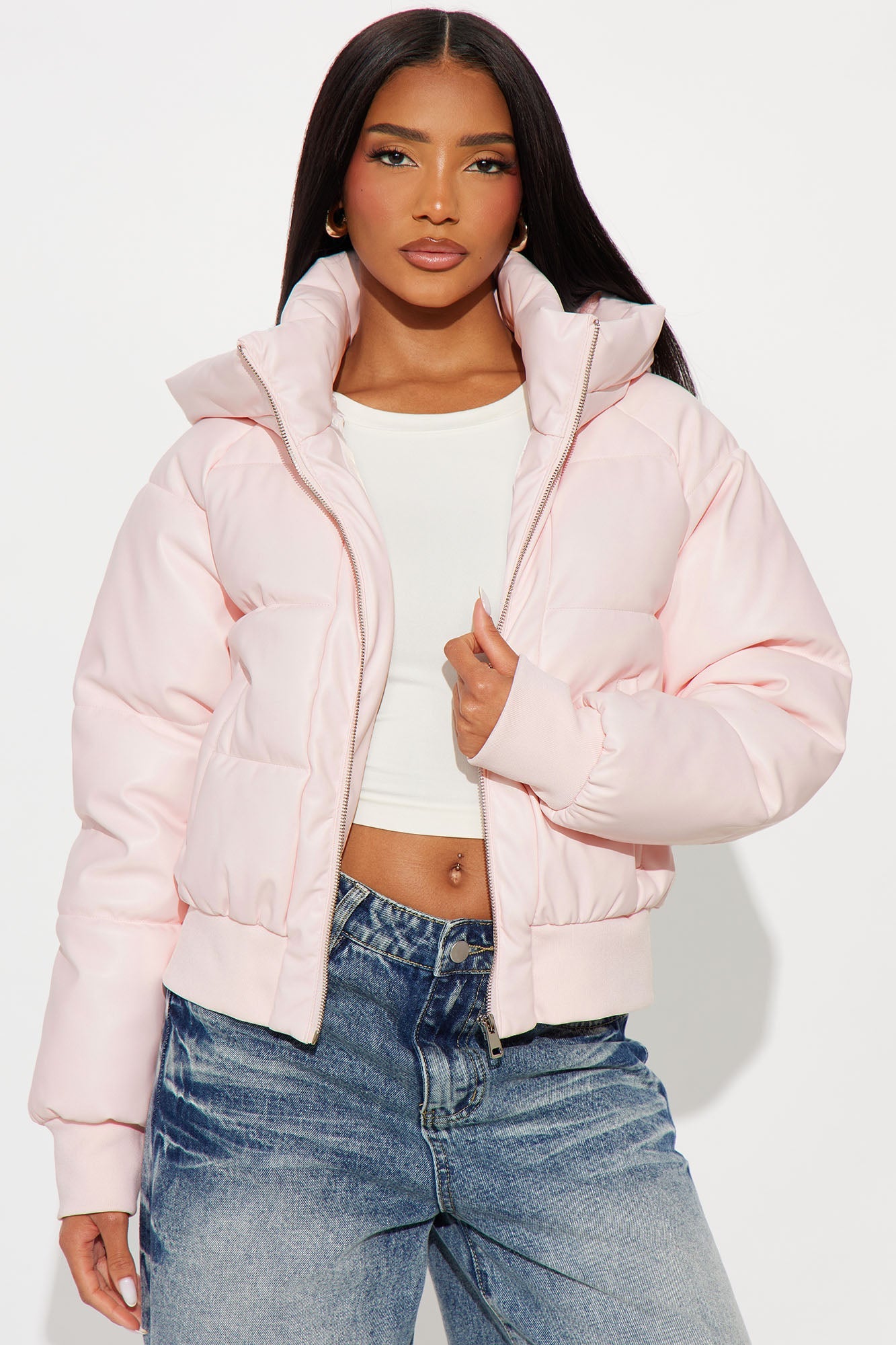 Angella Hooded Faux Leather Puffer - Pink