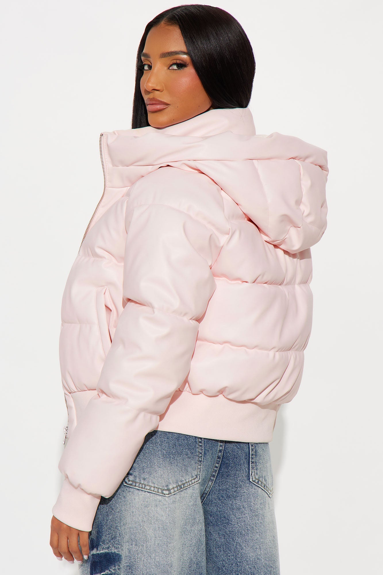 Angella Hooded Faux Leather Puffer - Pink