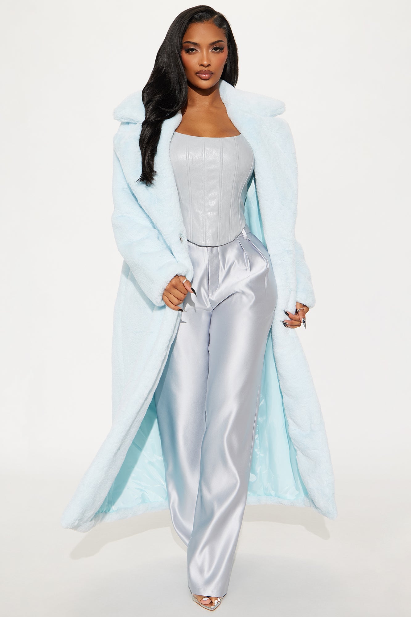 Victoria Faux Fur Trench Coat - Ice Blue