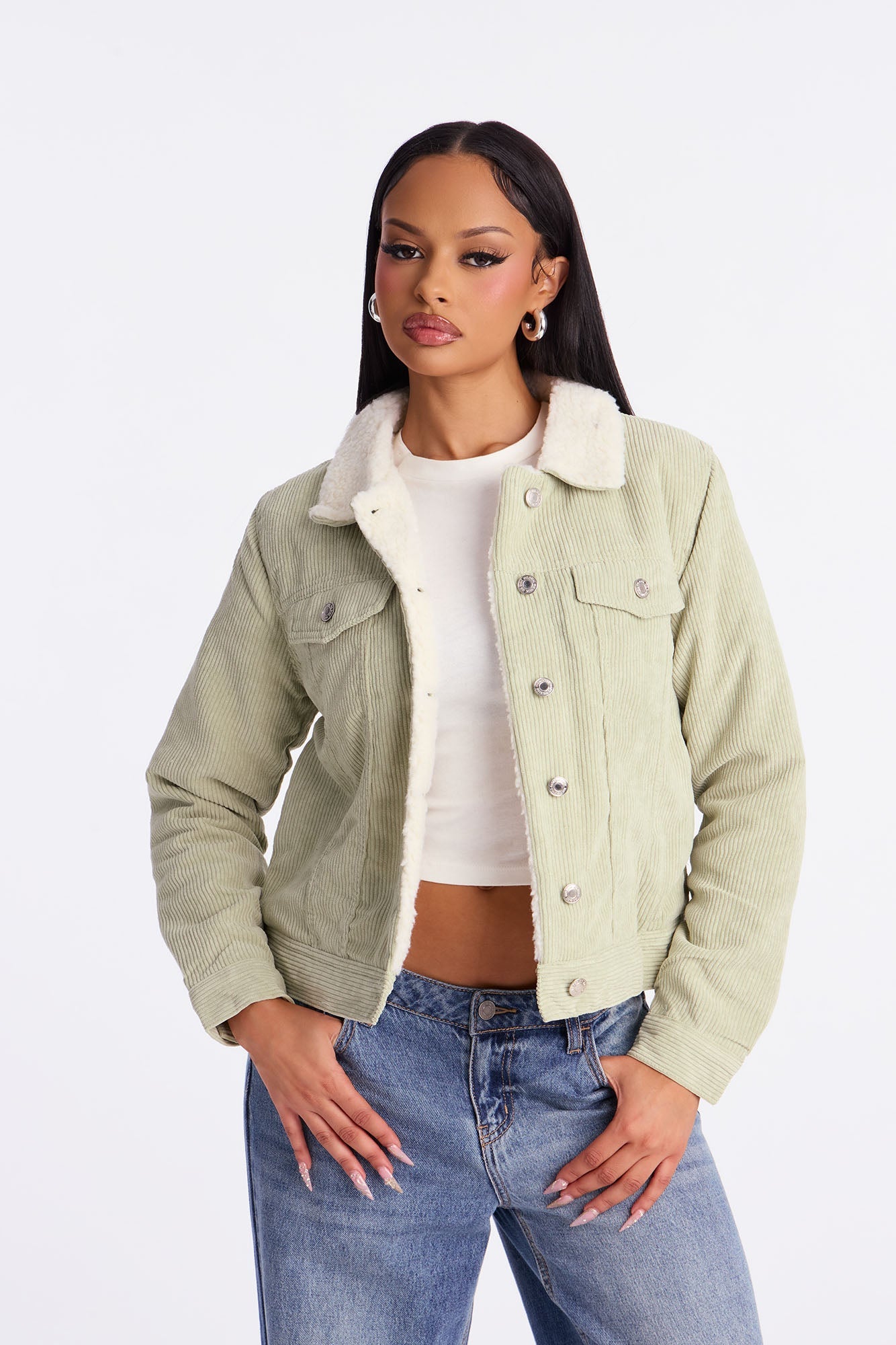 Carolina Corduroy Sherpa Lined Trucker Jacket - Sage
