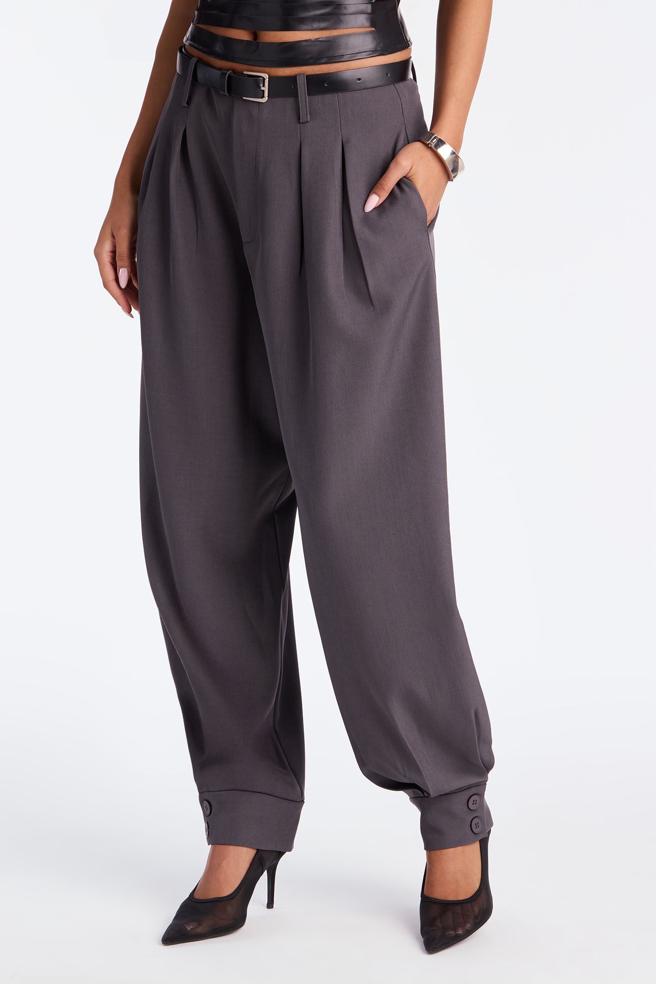 Helena Belted Trouser Pant - Charcoal