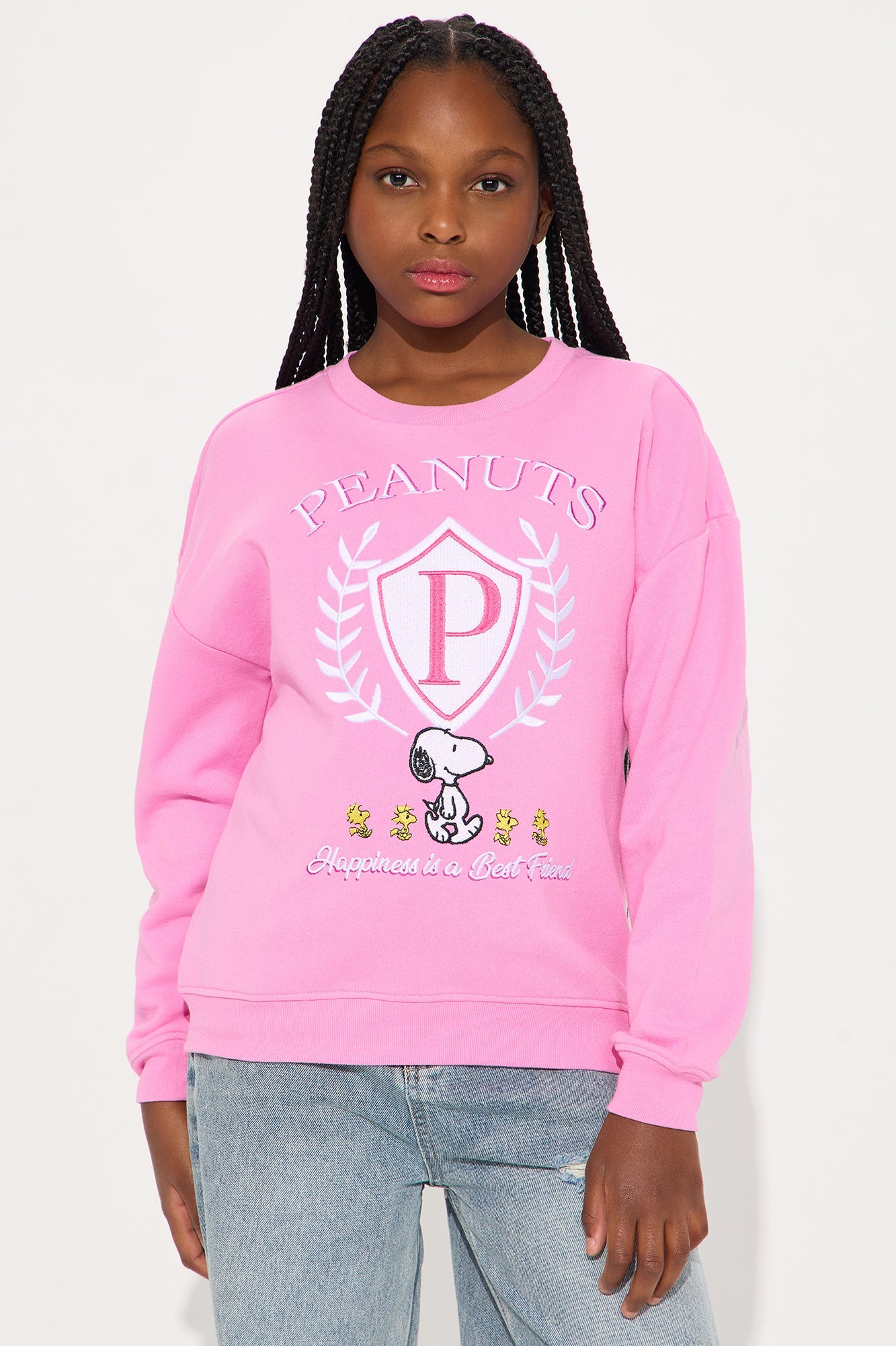 Mini Snoopy Best Friends Embroidered Crew Neck Sweatshirt - Hot Pink