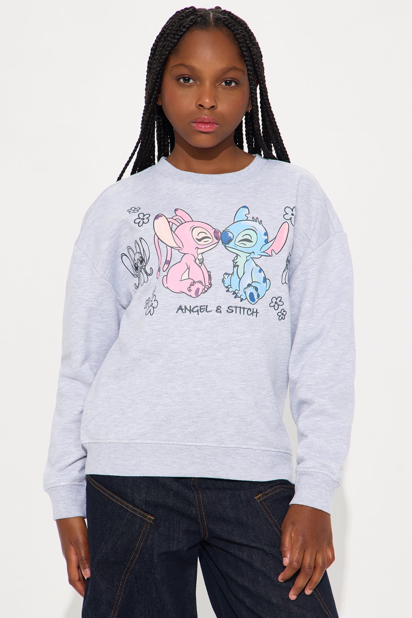 Mini Stitch and Angel Happy Together Embroidered Crew Neck Sweatshirt - Heather Grey