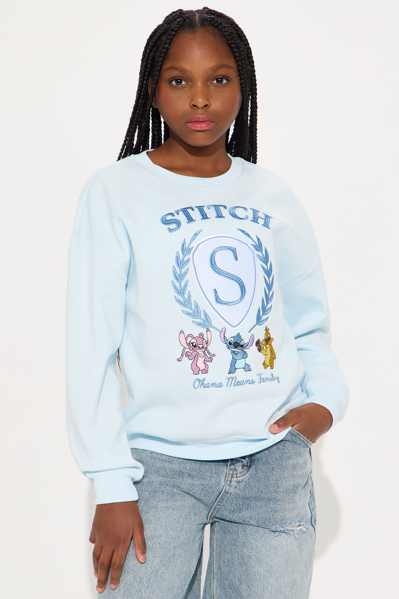 Mini Stitch Ohana Means Family Embroidered Crew Neck Sweatshirt - Light Blue