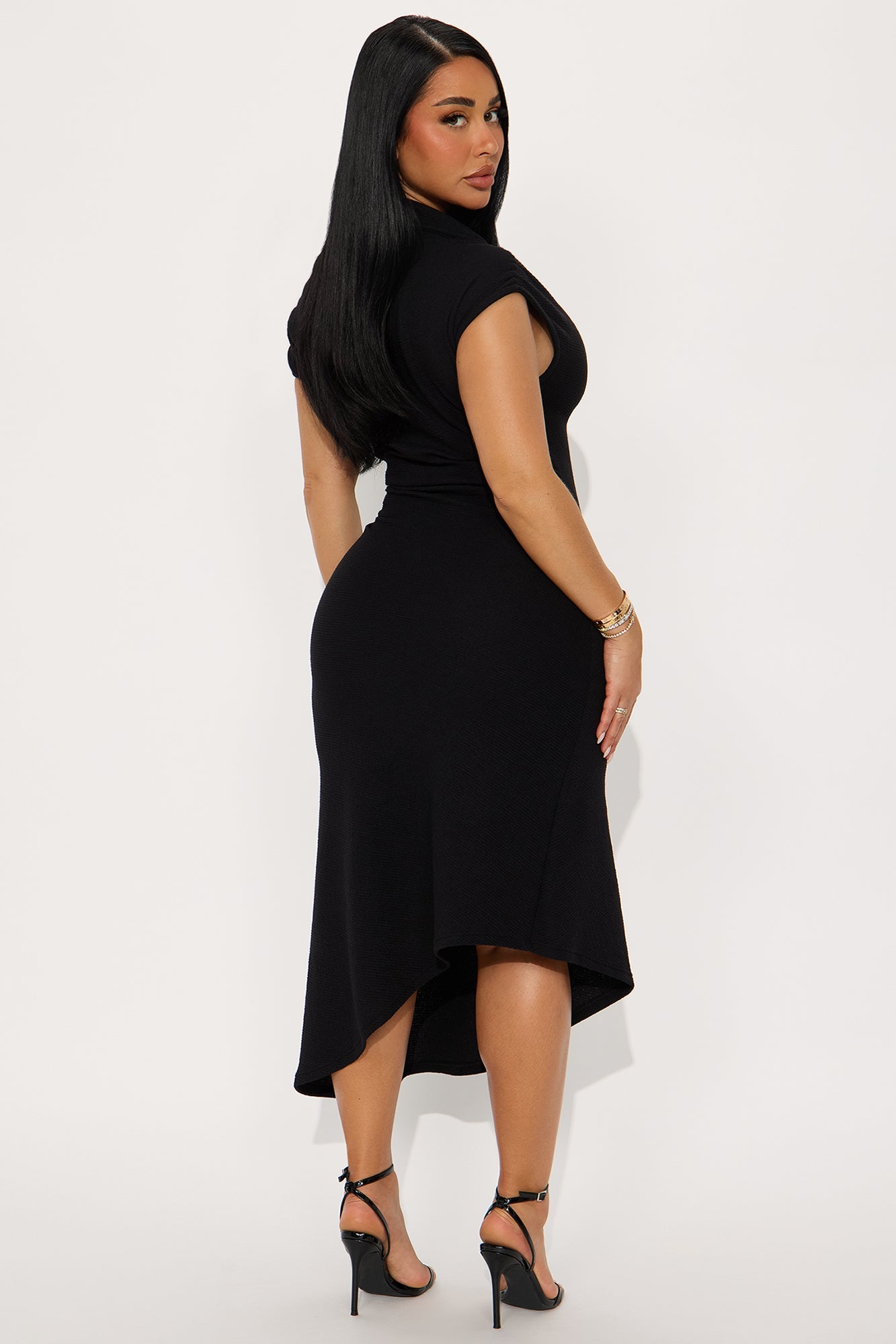 Milena Asymmetrical Textured Midi Dress - Black
