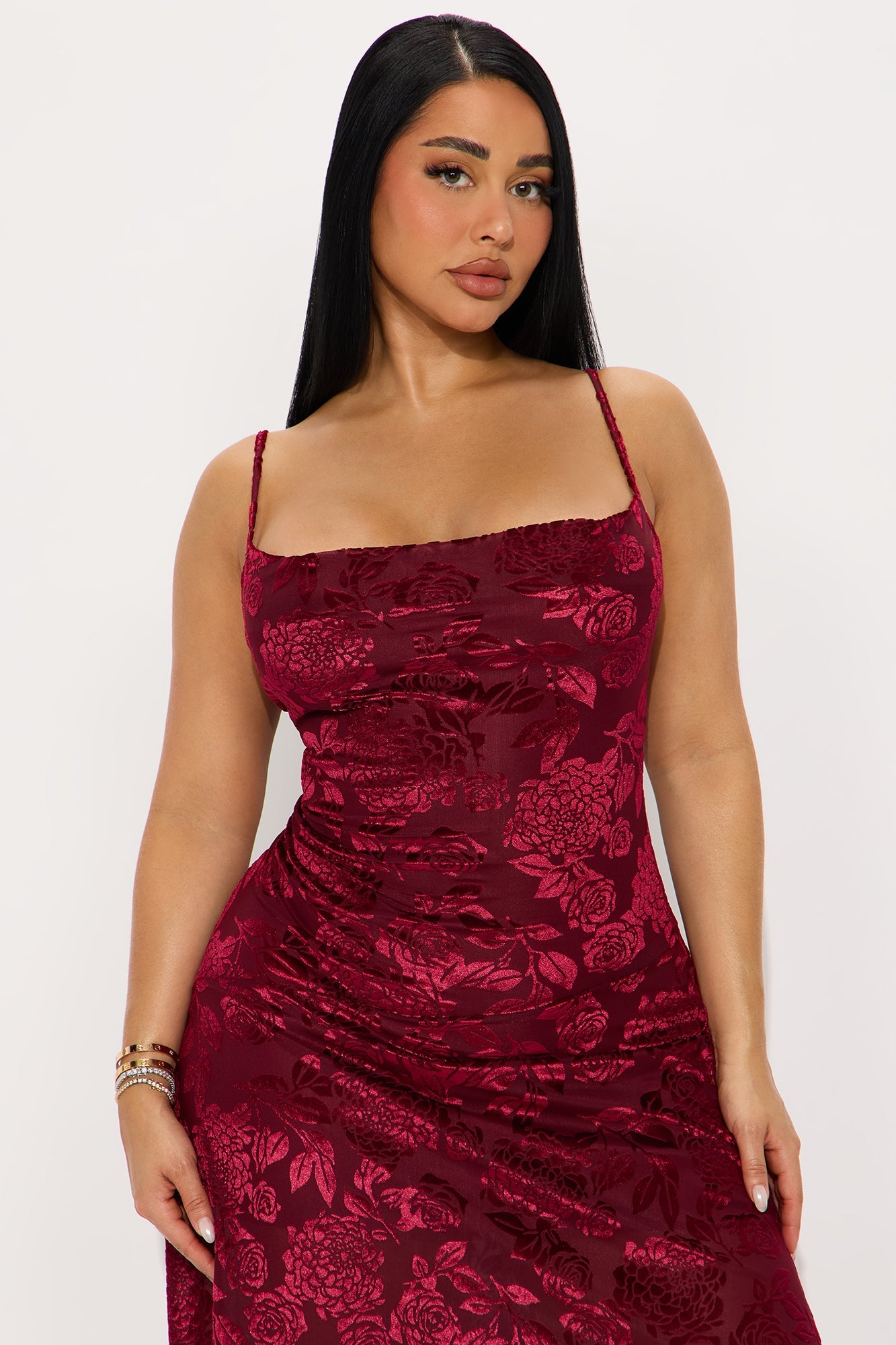 Noemi Asymmetrical Flocked Mesh Midi Dress - Wine