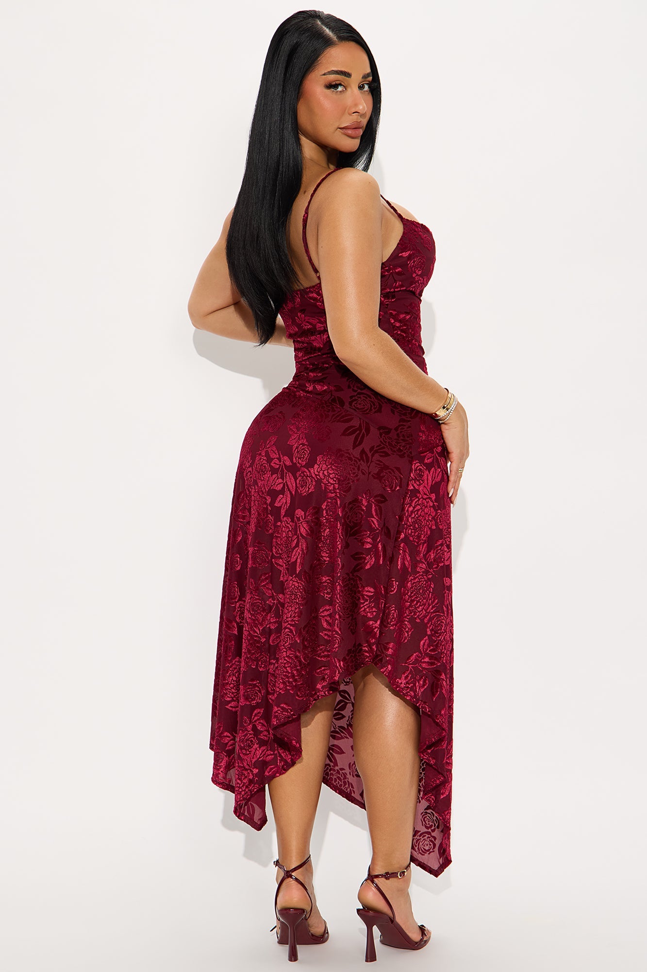 Noemi Asymmetrical Flocked Mesh Midi Dress - Wine
