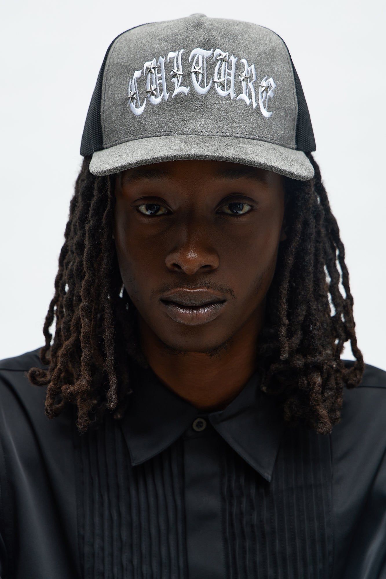 Culture Star Studded Faux Suede Structured Snapback Hat - Dark Grey