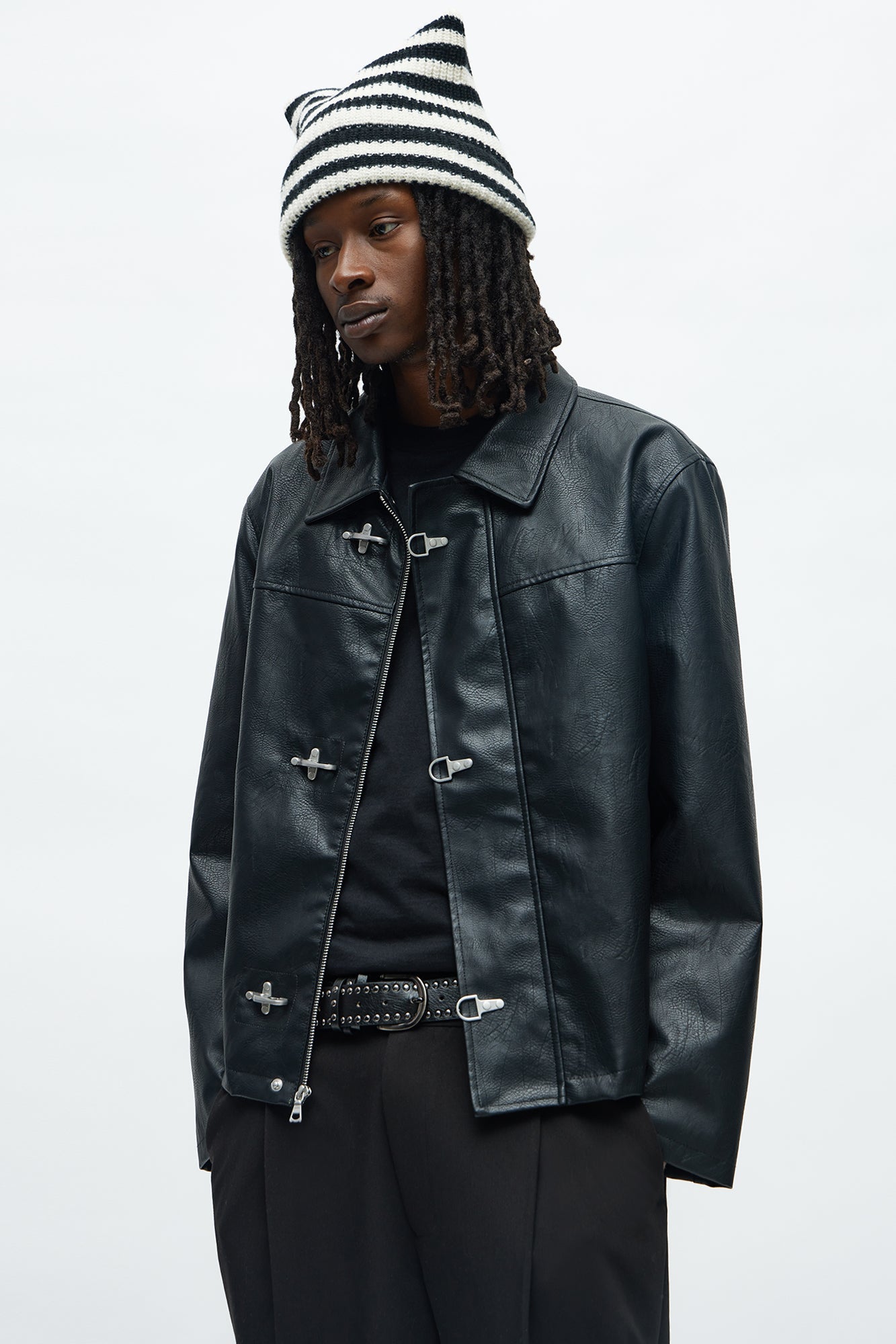 Fireman Clasp Faux Leather Jacket - Black