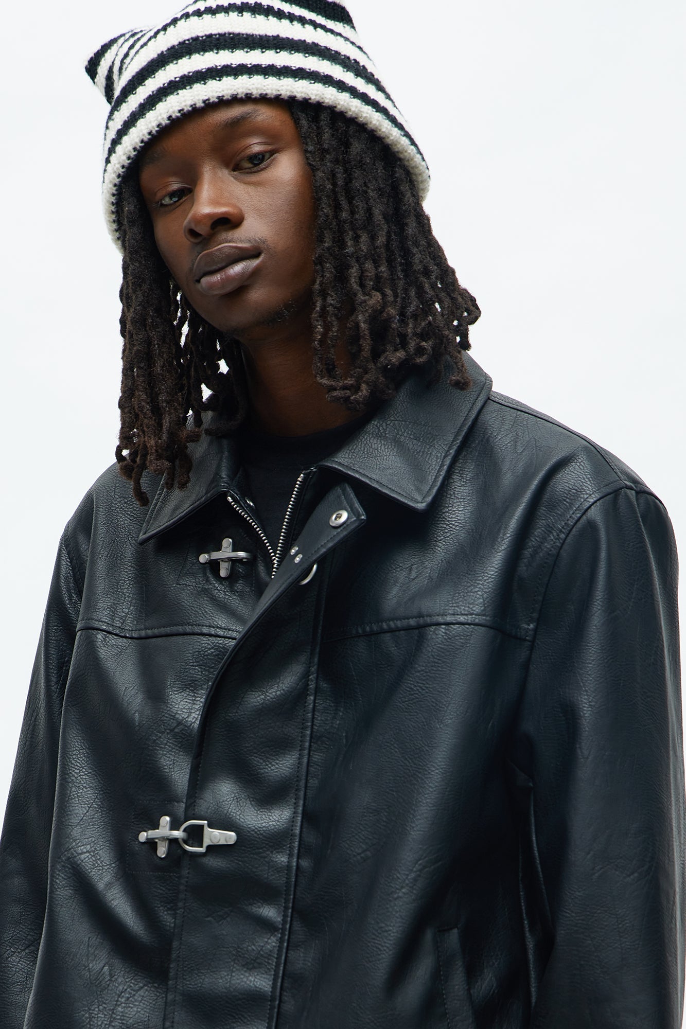 Fireman Clasp Faux Leather Jacket - Black