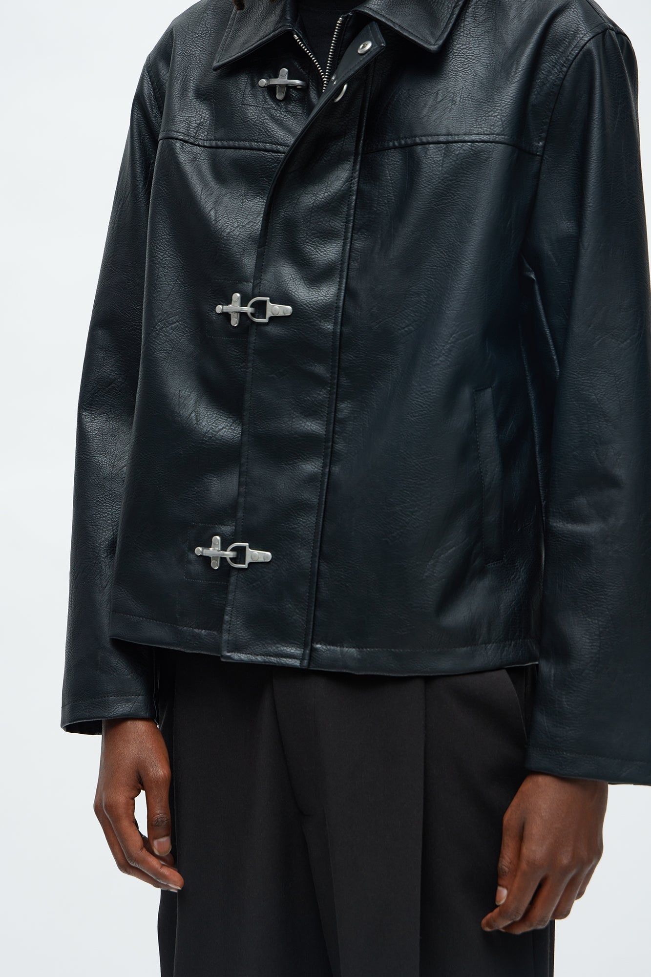 Fireman Clasp Faux Leather Jacket - Black