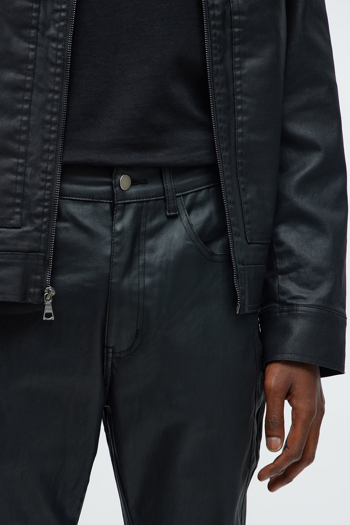 Stacked Skinny Flare Paneled With Zipper Waxed Jean - Black
