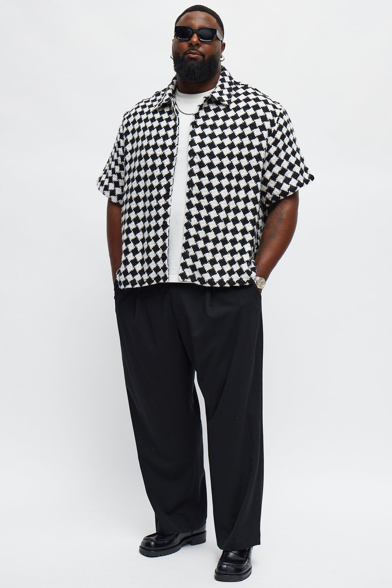 Boxy Cropped Mosaic Button Up Shirt - Black