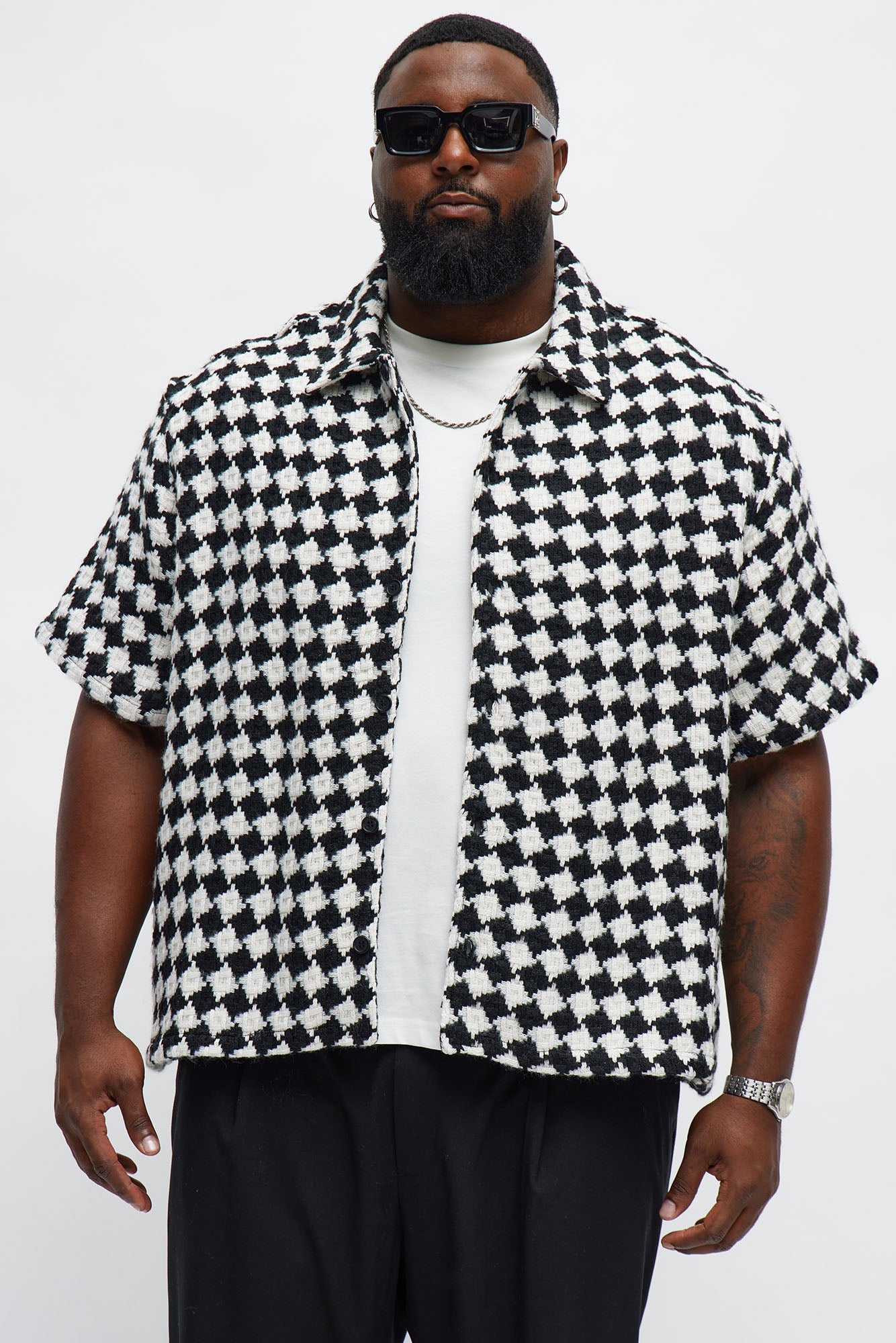 Boxy Cropped Mosaic Button Up Shirt - Black