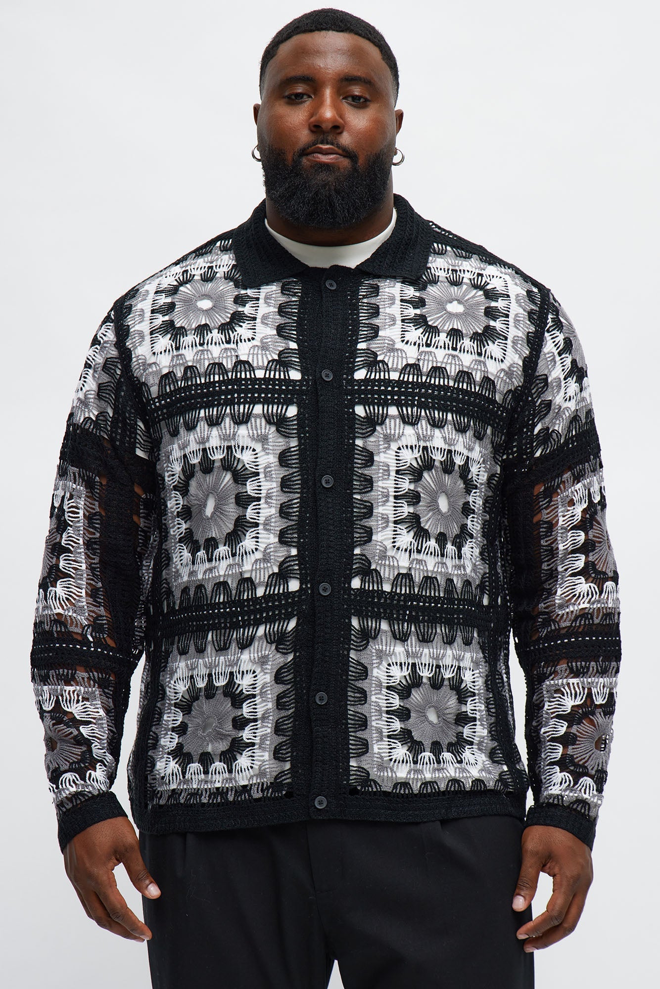 Crochet Stay Button Up Shirt - Black