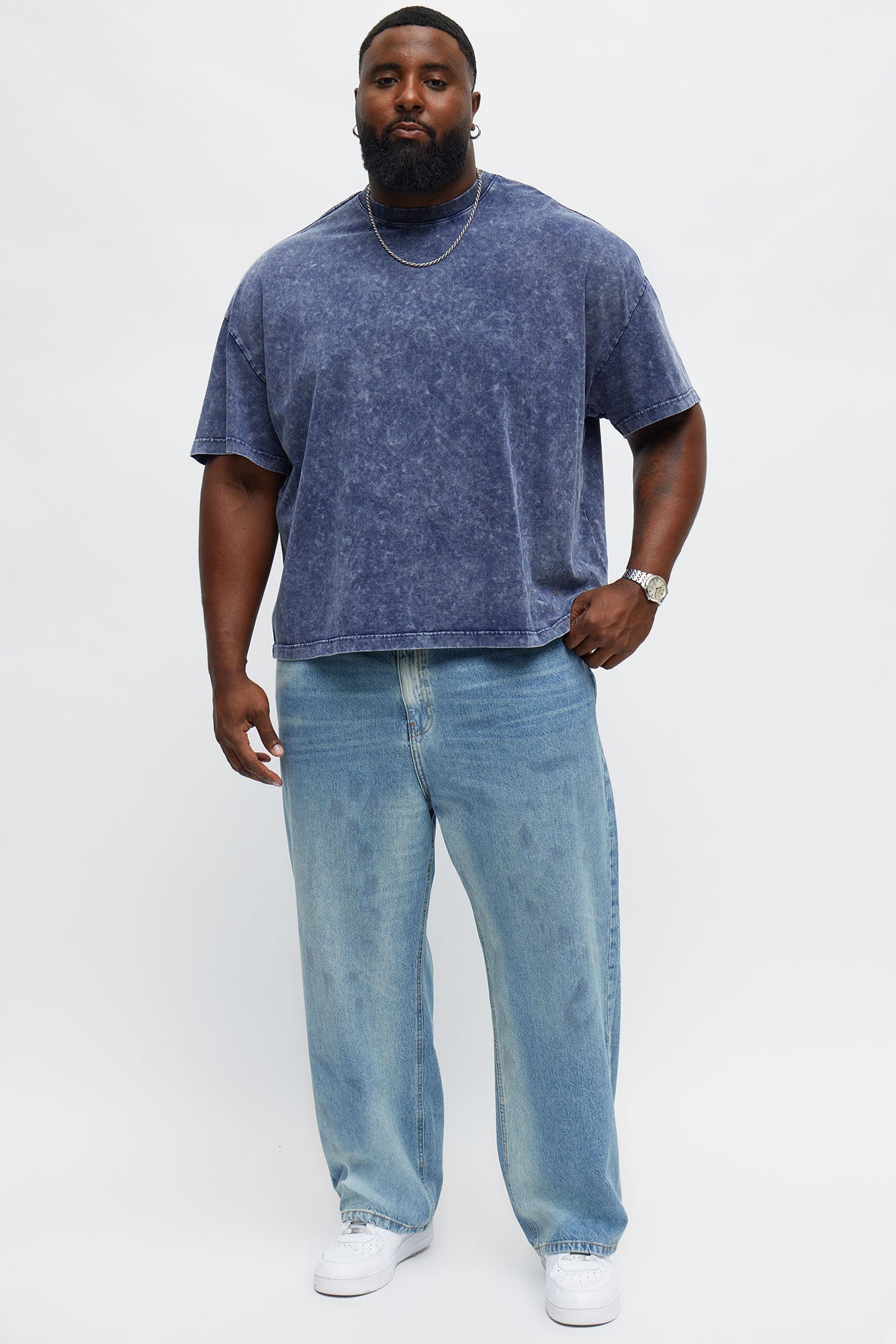 Tinted Acid Wash Boxy Cropped Heavyweight Short Sleeve Tee - Navy