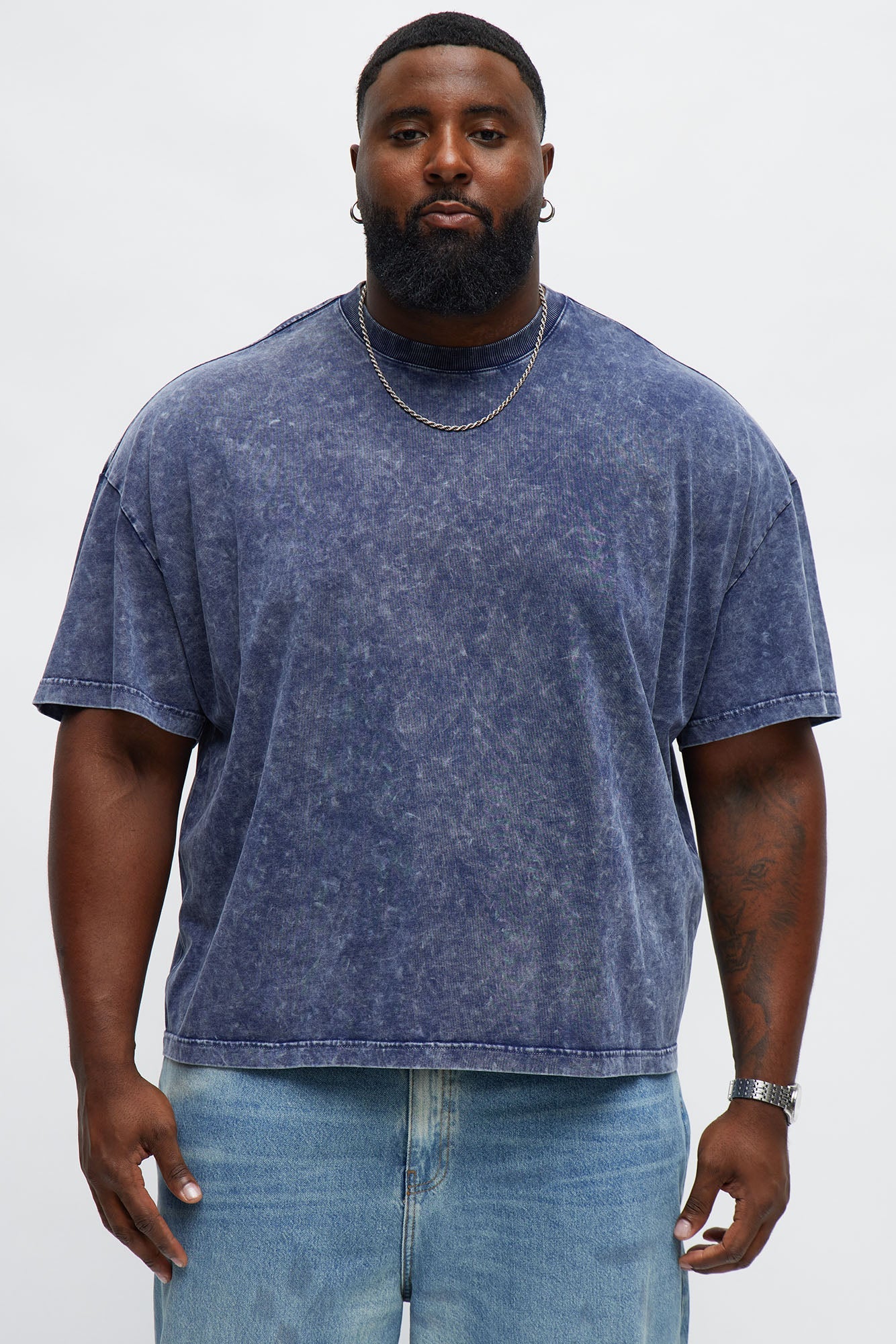 Tinted Acid Wash Boxy Cropped Heavyweight Short Sleeve Tee - Navy