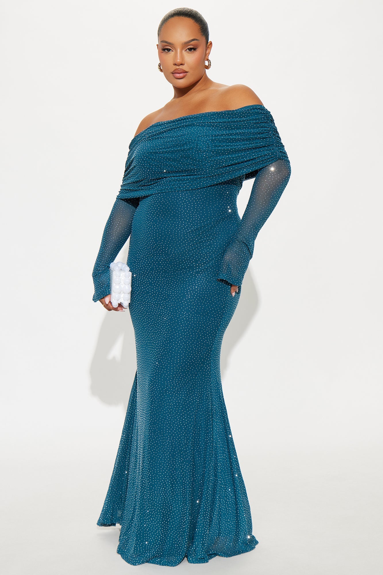 In The Spotlight Rhinestone Mesh Gown - Teal