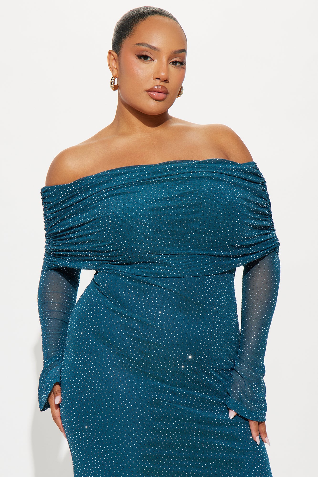 In The Spotlight Rhinestone Mesh Gown - Teal