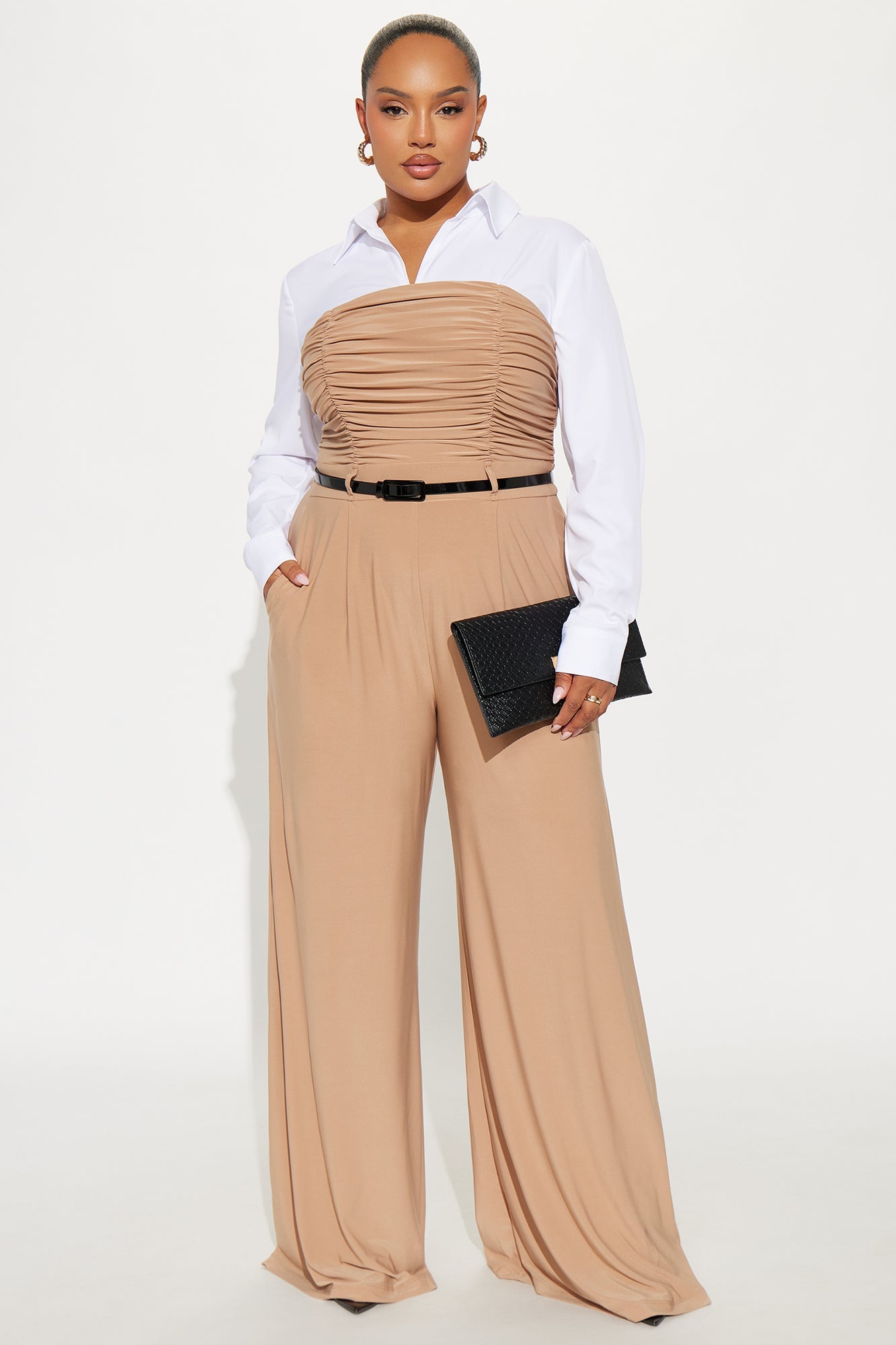 Iris Belted Long Sleeve Wide Leg Jumpsuit - Taupe