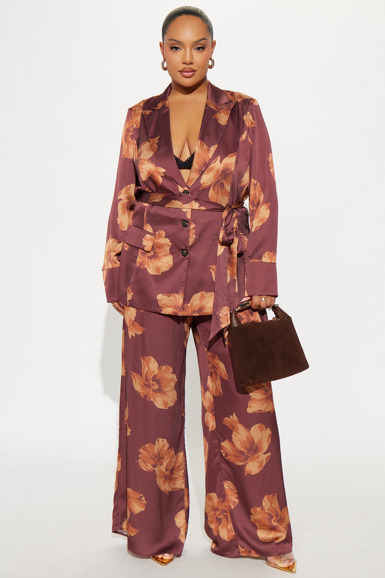 In My Floral Satin Blazer Pant Set - Brown/combo