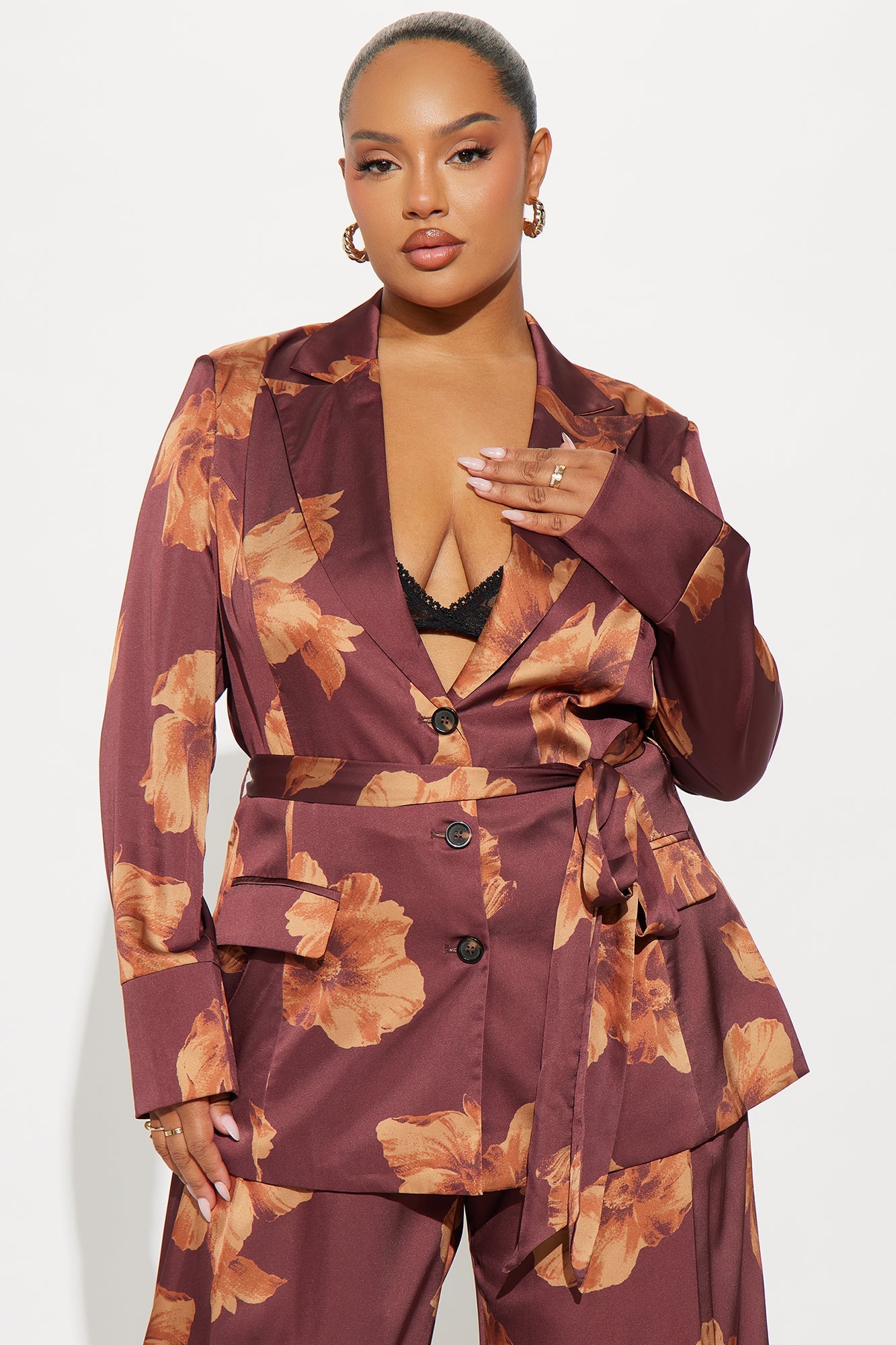 In My Floral Satin Blazer Pant Set - Brown/combo