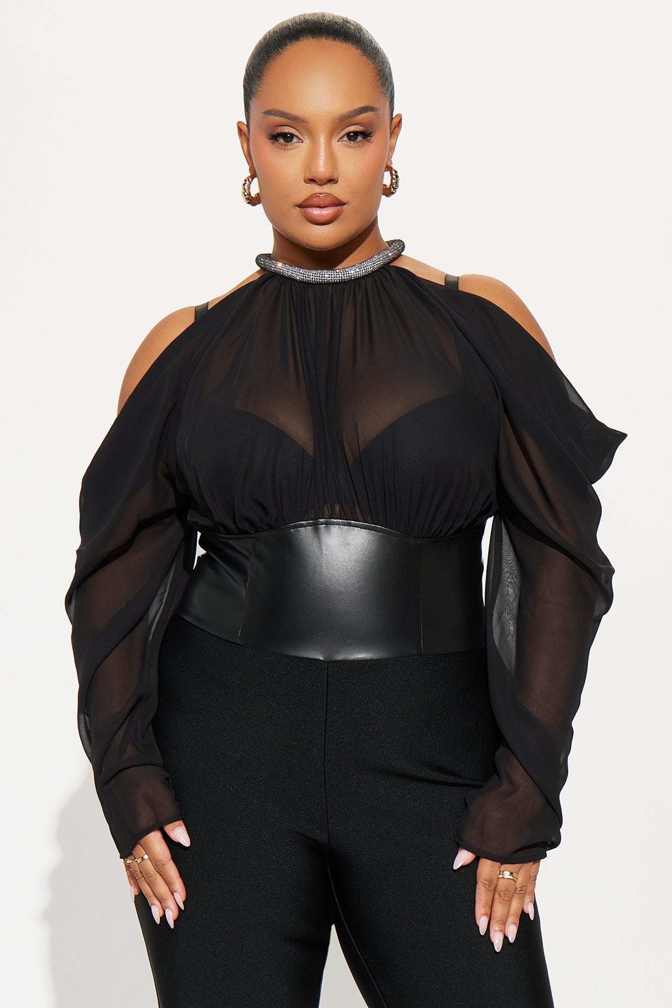 Cleo Choker Bandage Flare Leg Jumpsuit - Black