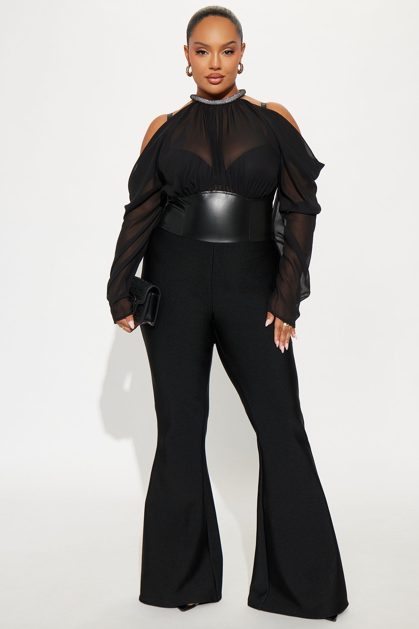 Cleo Choker Bandage Flare Leg Jumpsuit - Black