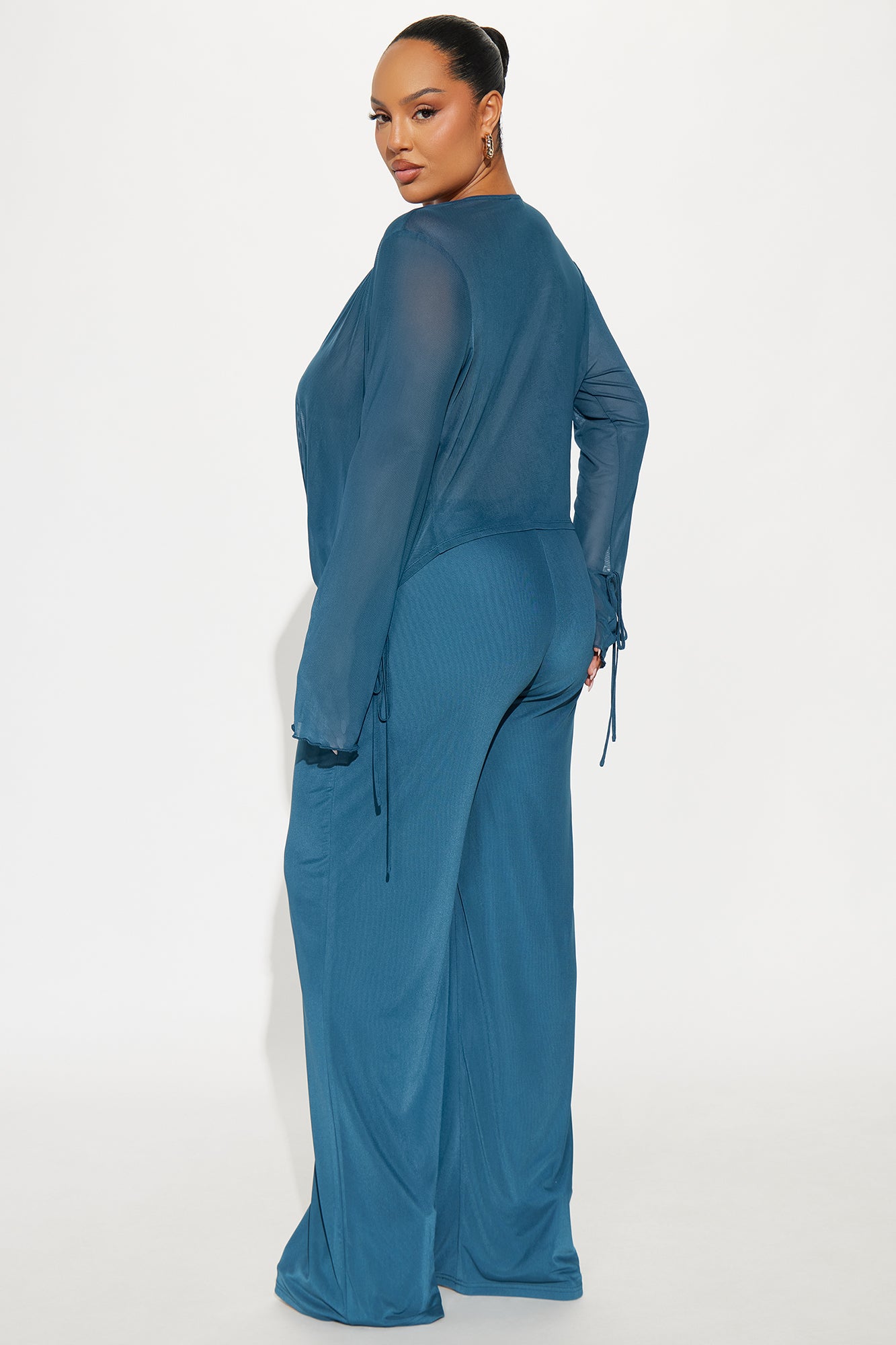 Silent Muse Cowl Neck Mesh Pant Set - Teal