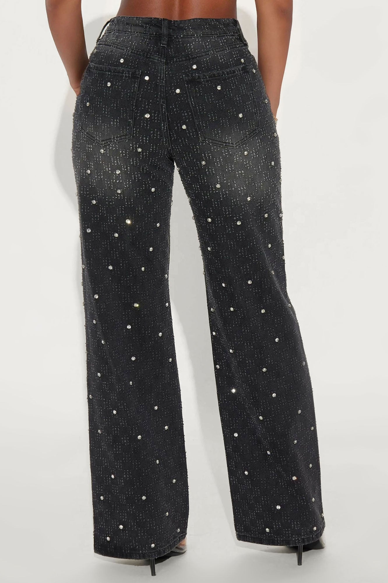 City Lights Embellished Wide Leg Jeans - Black Wash