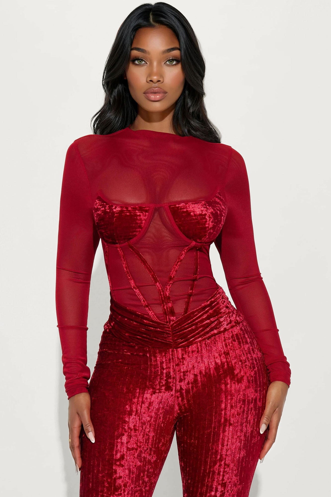 Miley Velvet Flare Leg Jumpsuit - Red