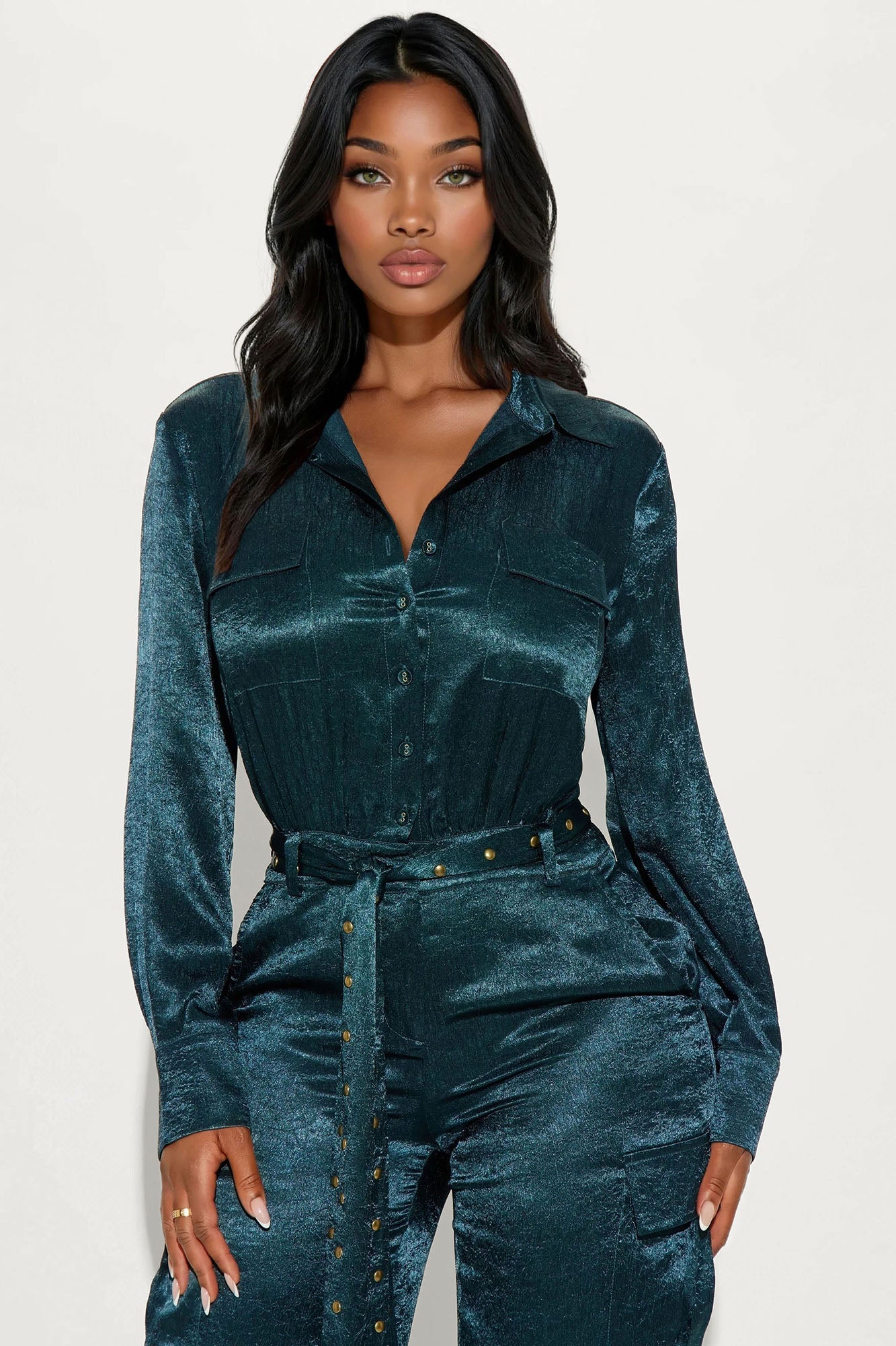 Myla Satin Cargo Jumpsuit - Teal
