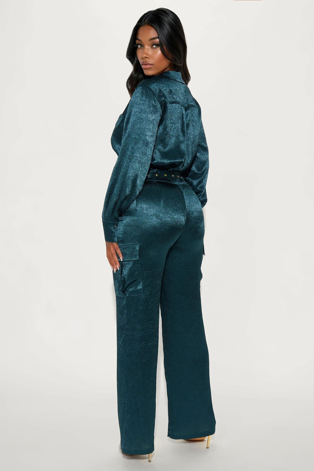 Myla Satin Cargo Jumpsuit - Teal