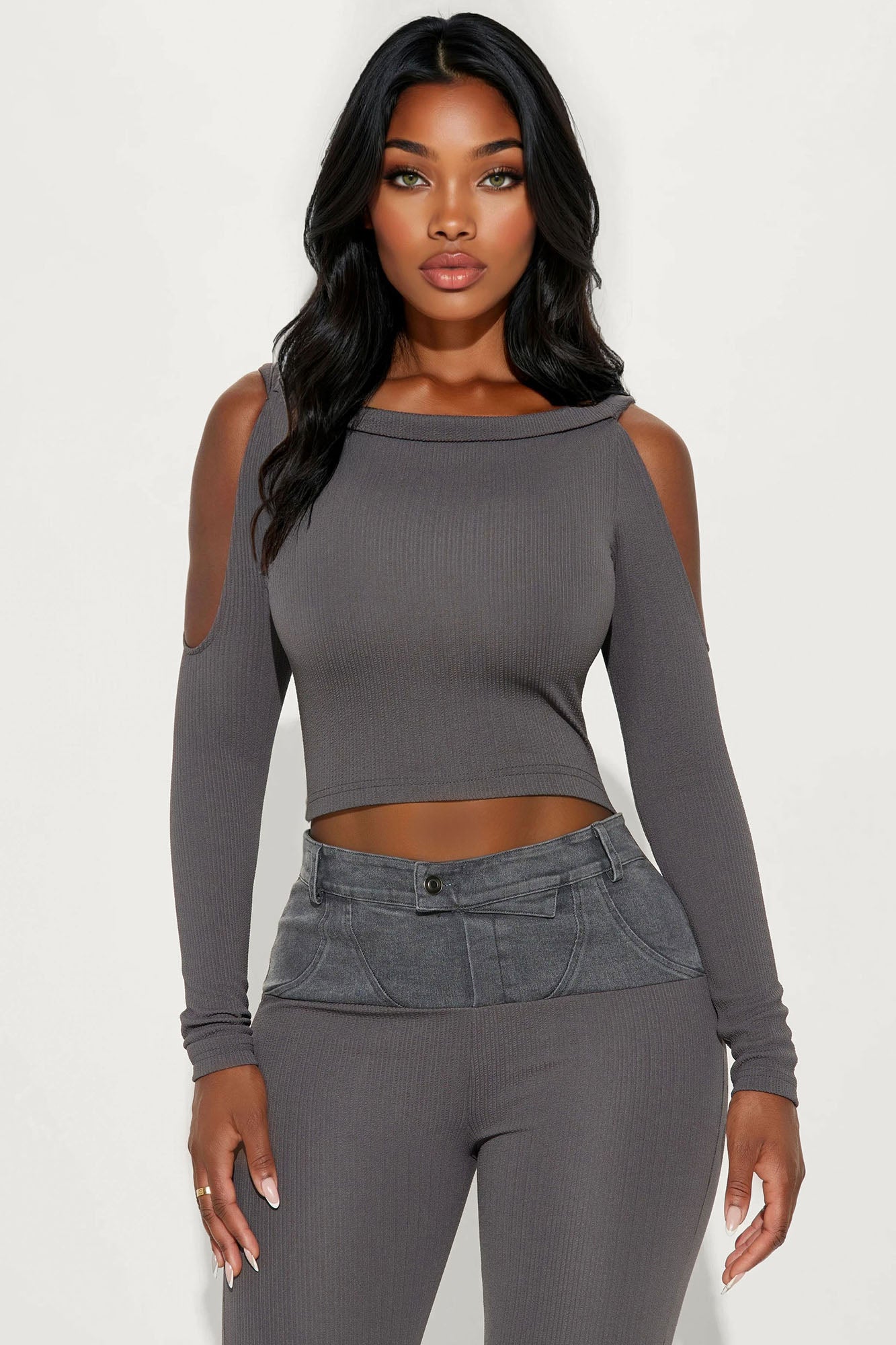 Sabrina Ribbed Long Sleeve Jumpsuit - Grey