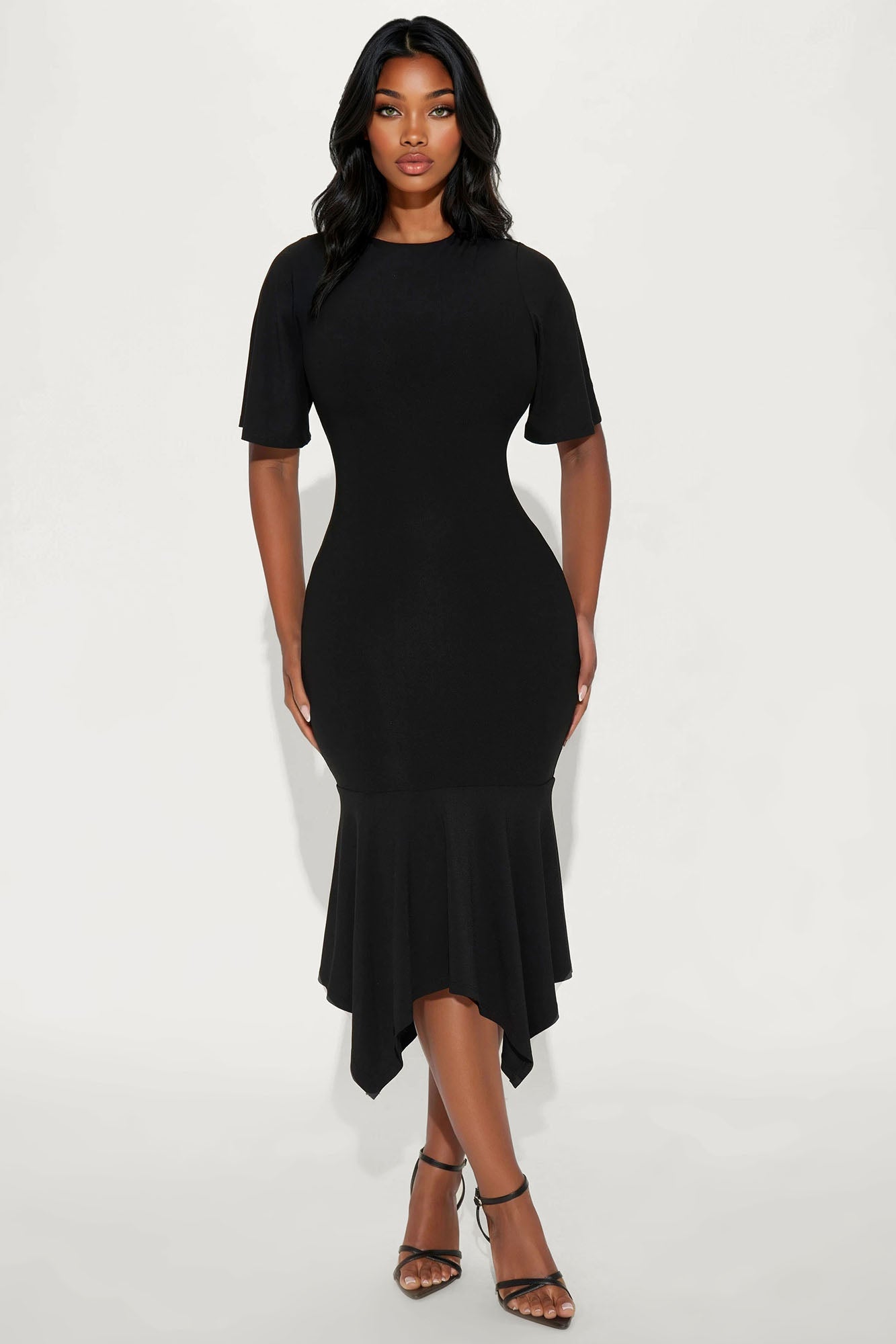 Audrina Asymmetrical Mermaid Midi Dress - Black