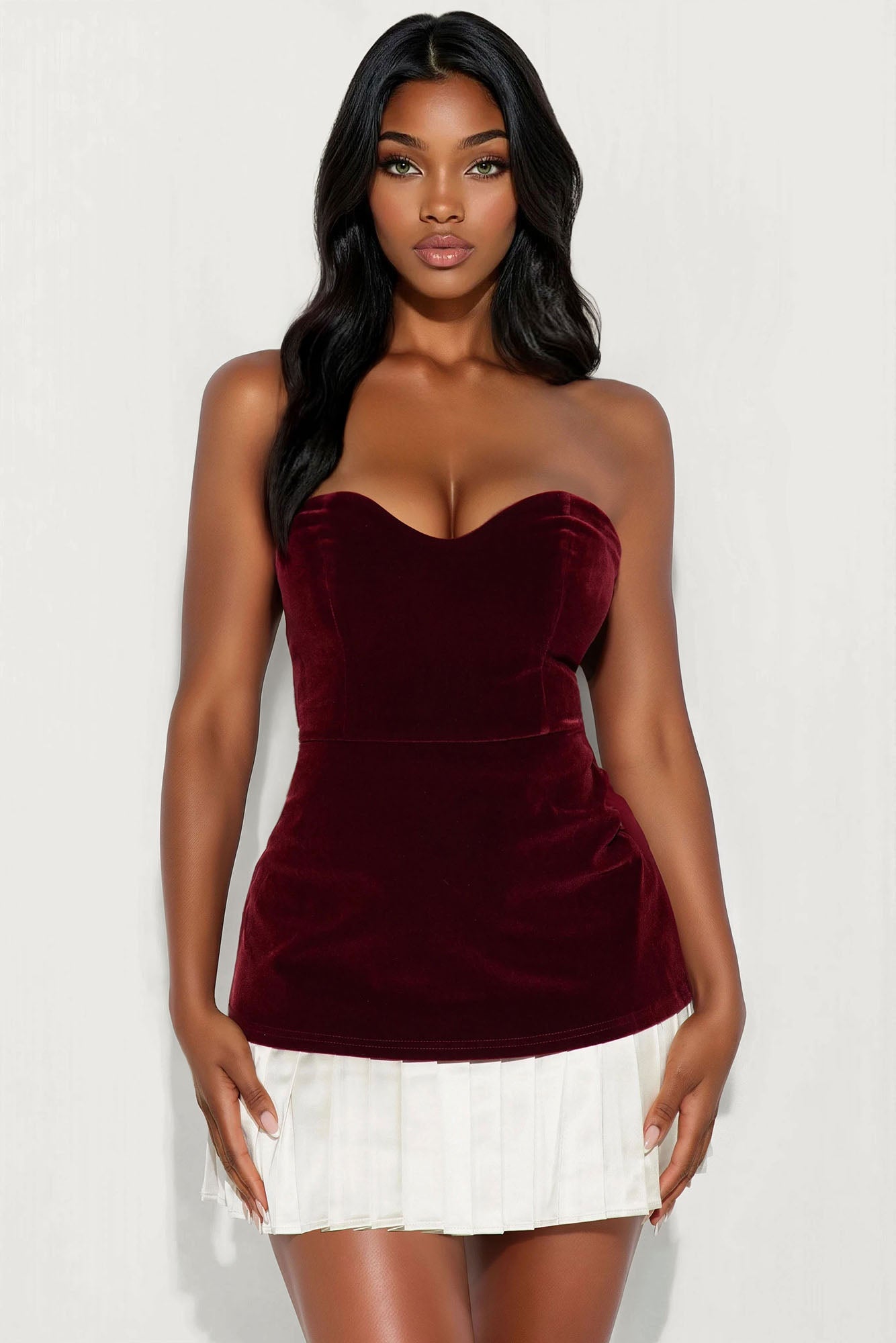Mary Anne Pleated Velvet Mini Dress - Burgundy