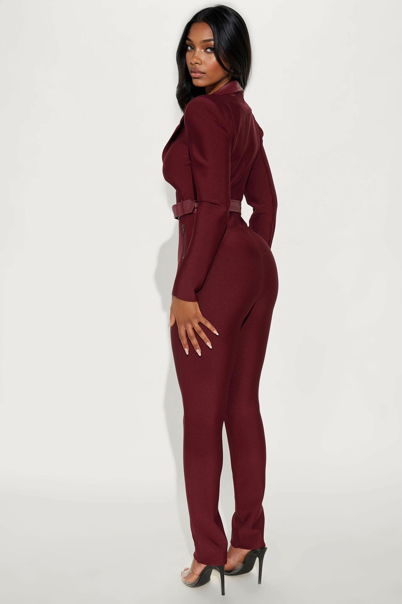 Irina Bold Bandage Moto Jumpsuit - Burgundy