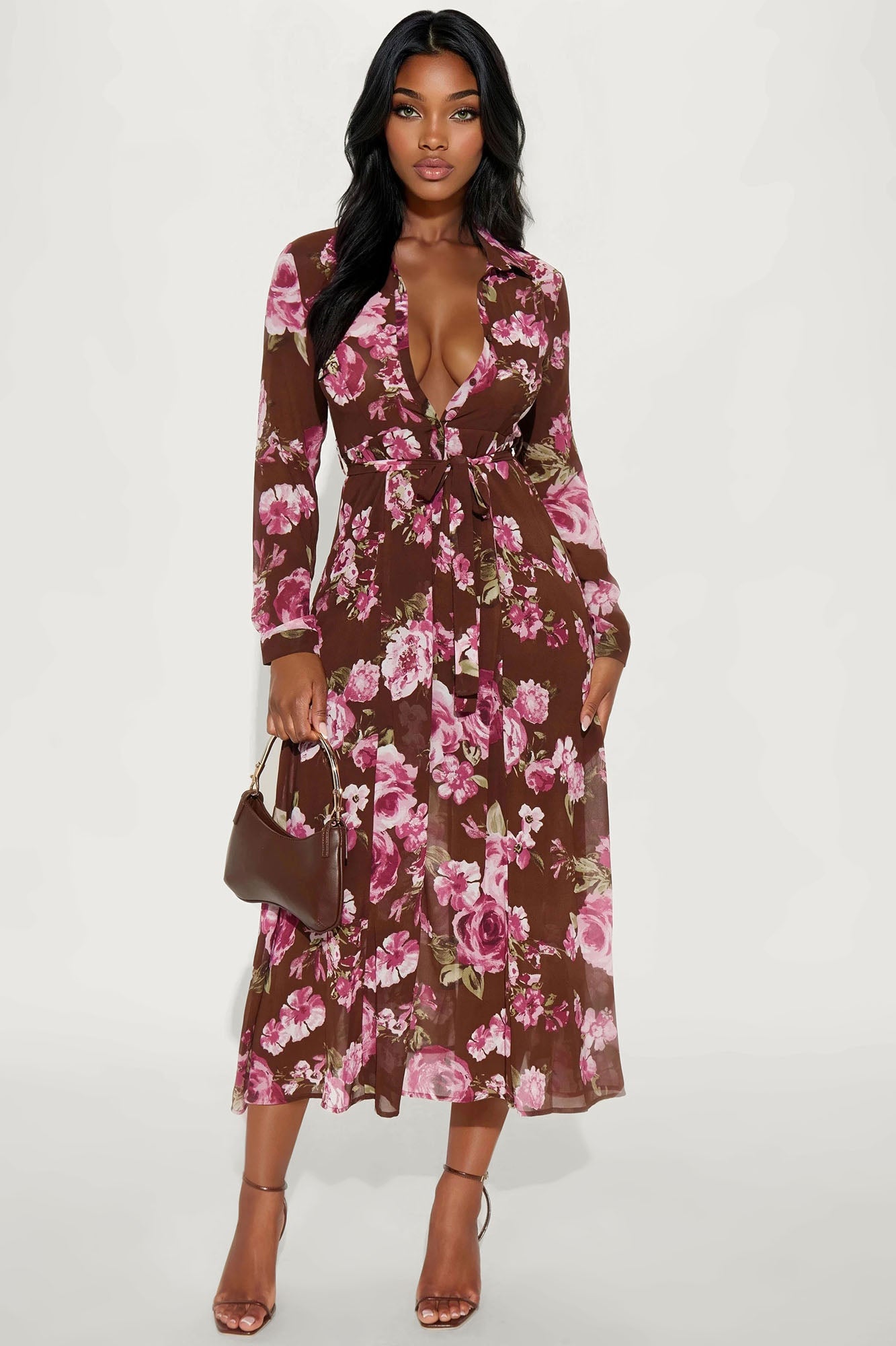 Amandla Floral Midi Shirt Dress - Brown/combo