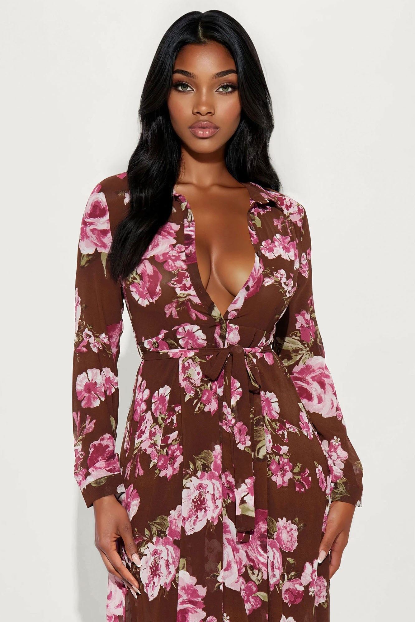 Amandla Floral Midi Shirt Dress - Brown/combo