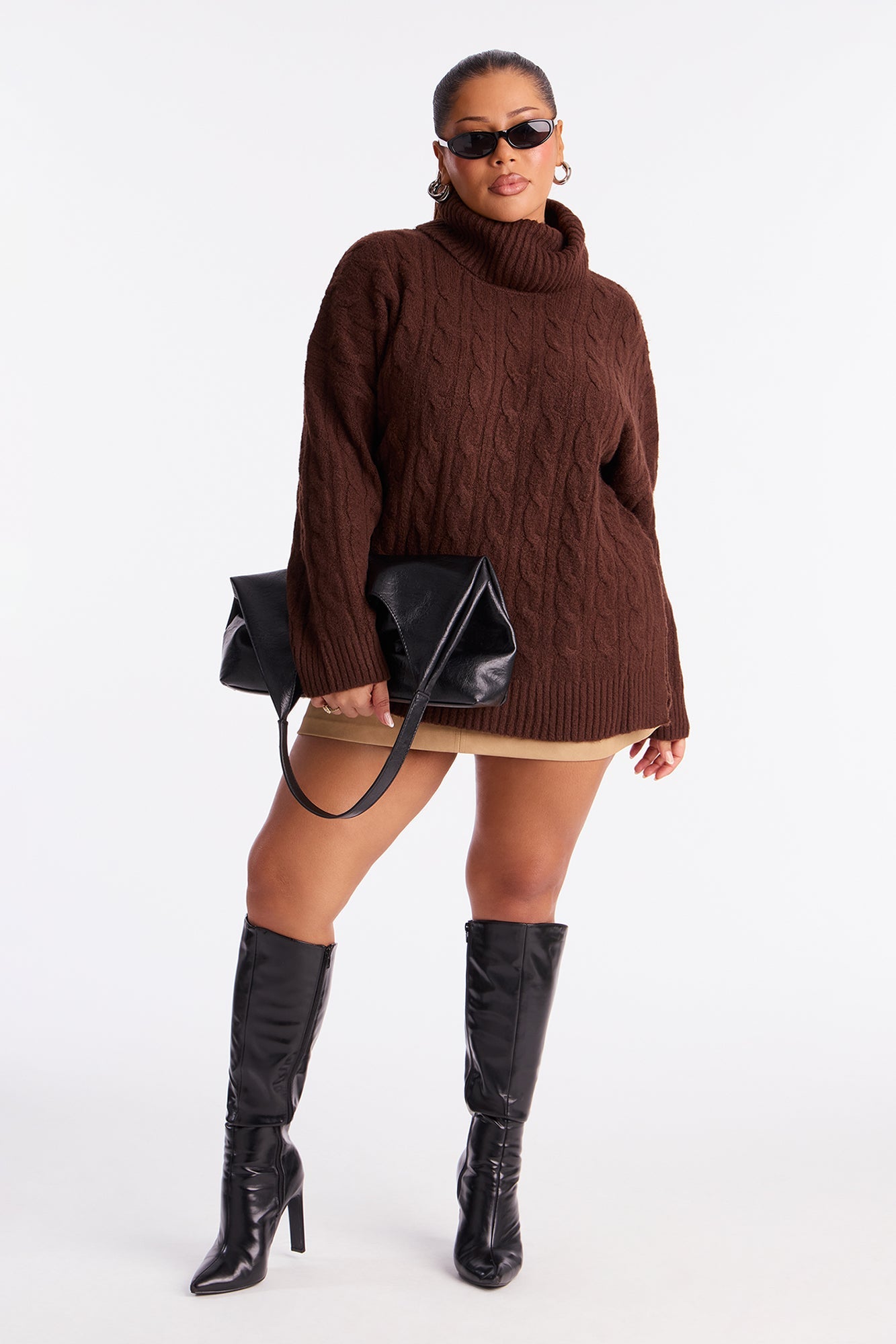 Feeling Chill Cable Knit Turtle Neck Sweater - Brown