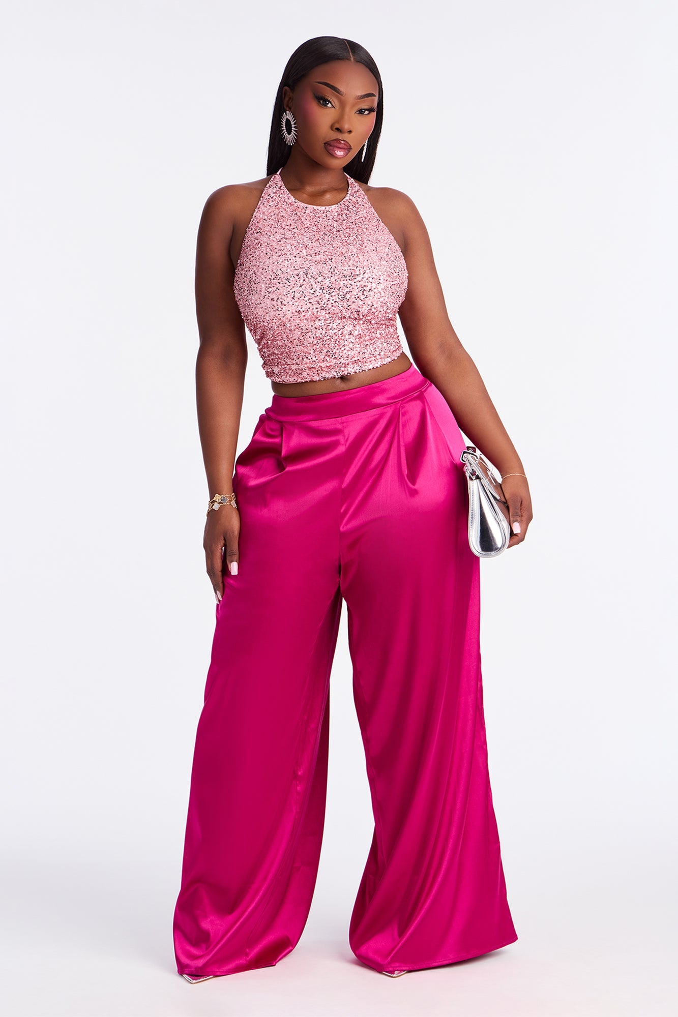 First Class Wide Leg Satin Pant 32″ - Magenta