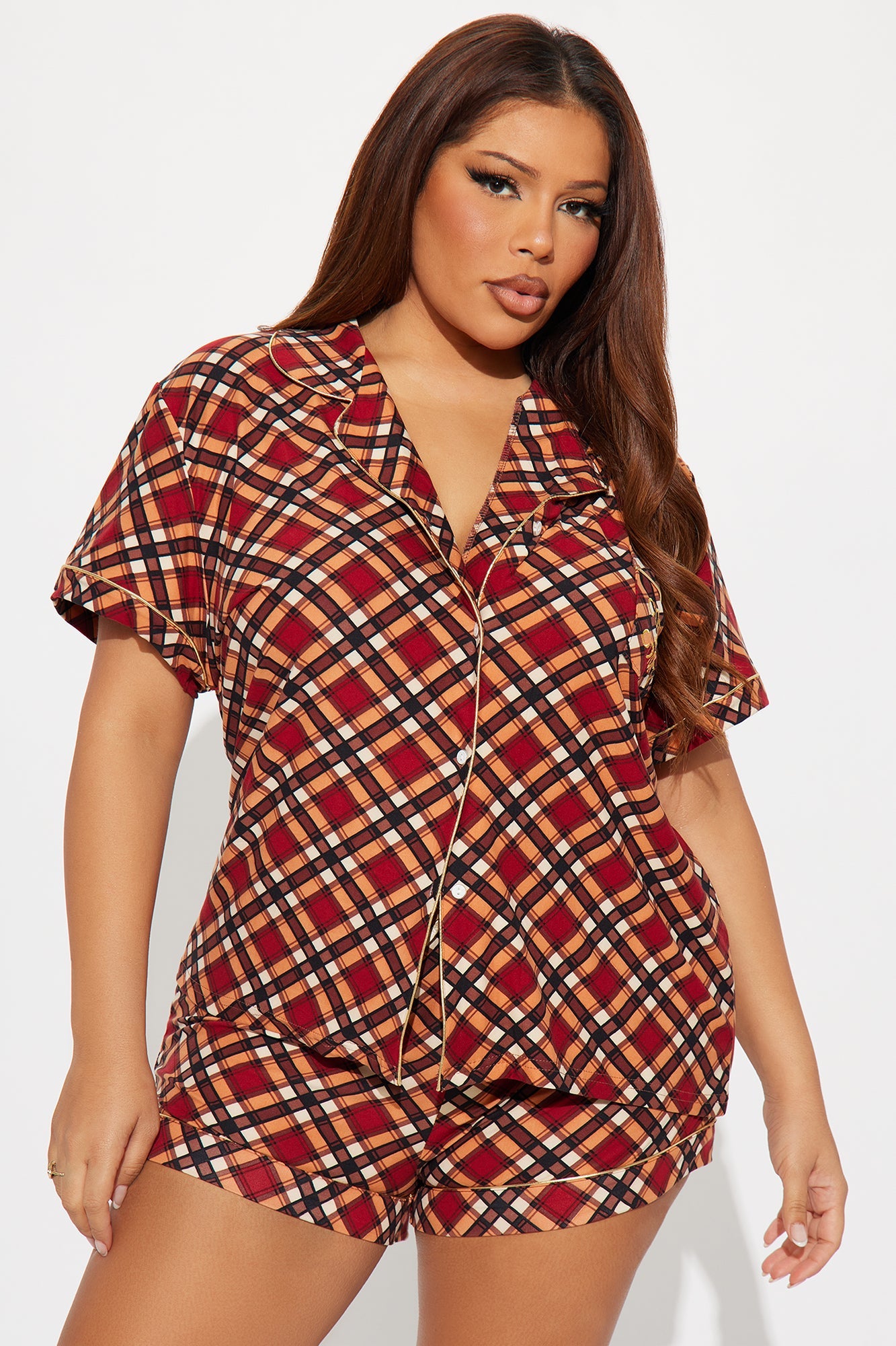 Cozy Comfy Embroidered Glitter Short Sleeve PJ Short Set - Brown/combo
