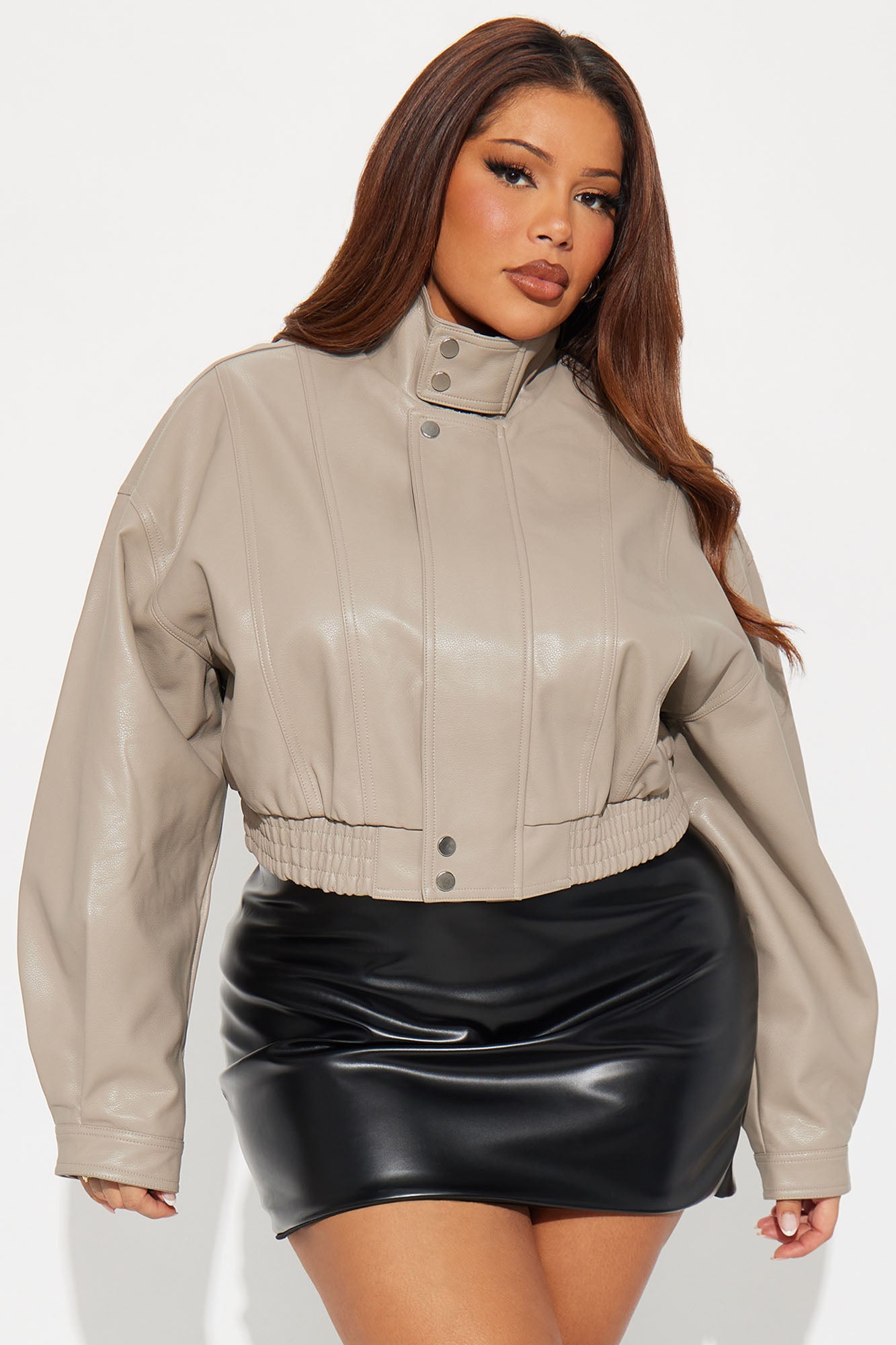Show Stopper Cropped Faux Leather Bomber Jacket - Taupe