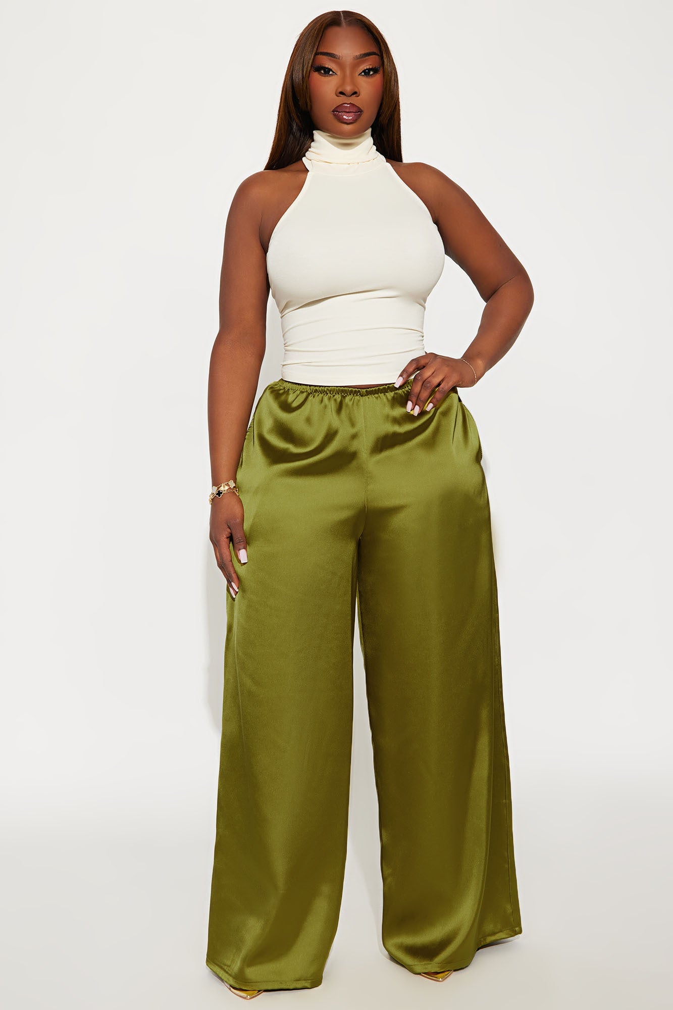 Shine On Satin Wide Leg Pant 32″ - Chartreuse