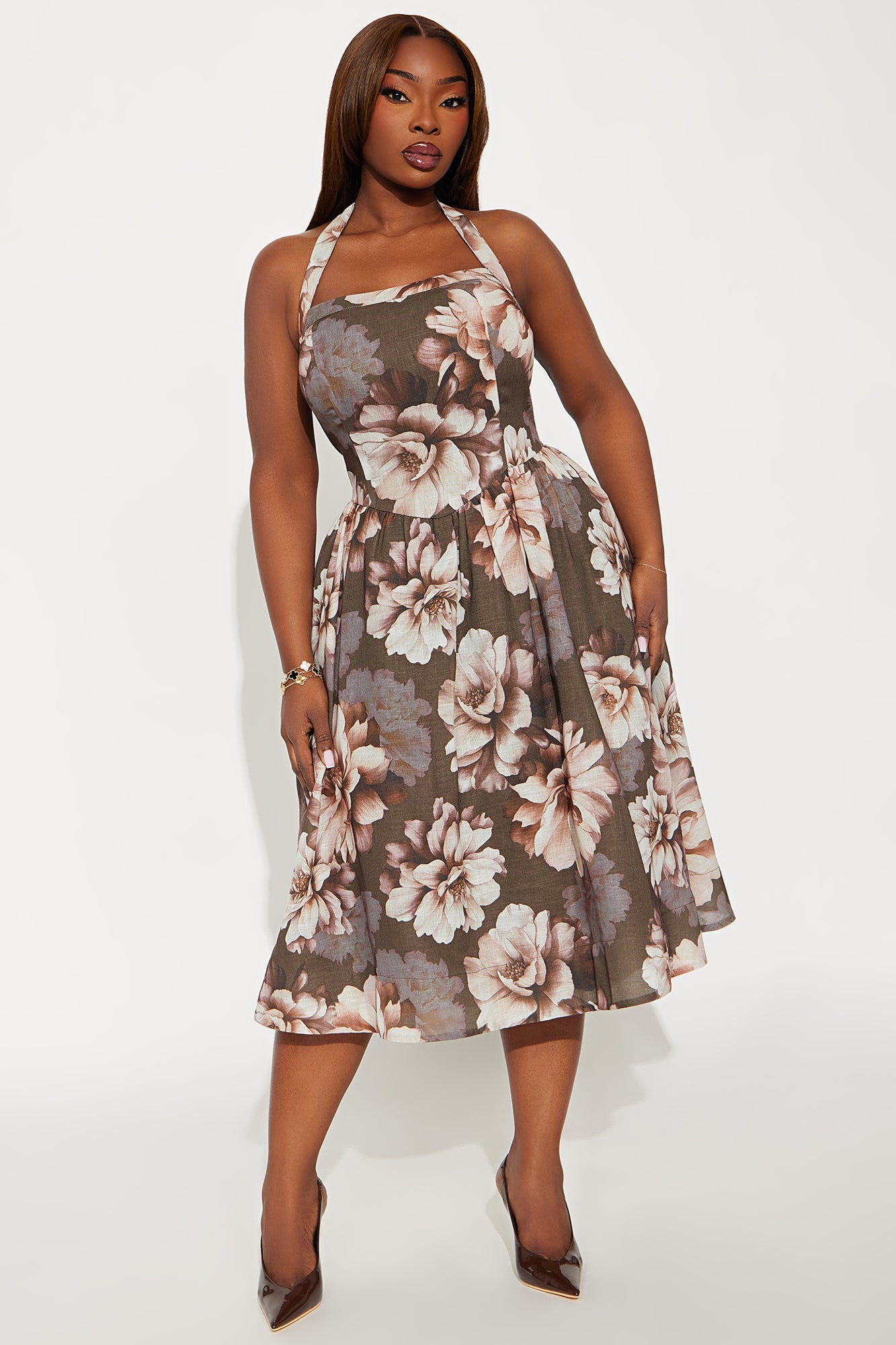 High Society Floral Linen Midi Dress - Olive