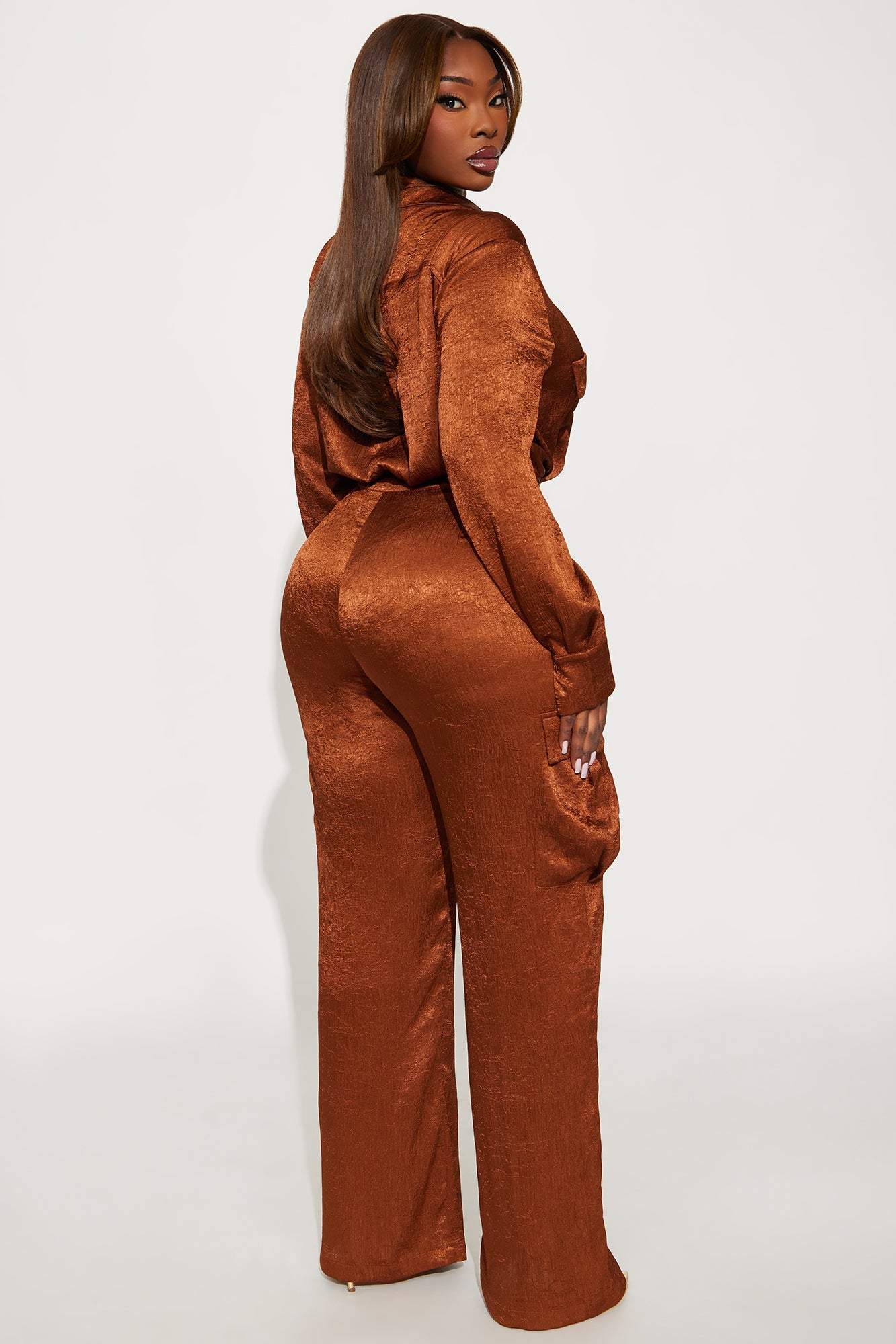 Myla Satin Cargo Jumpsuit - Bronze