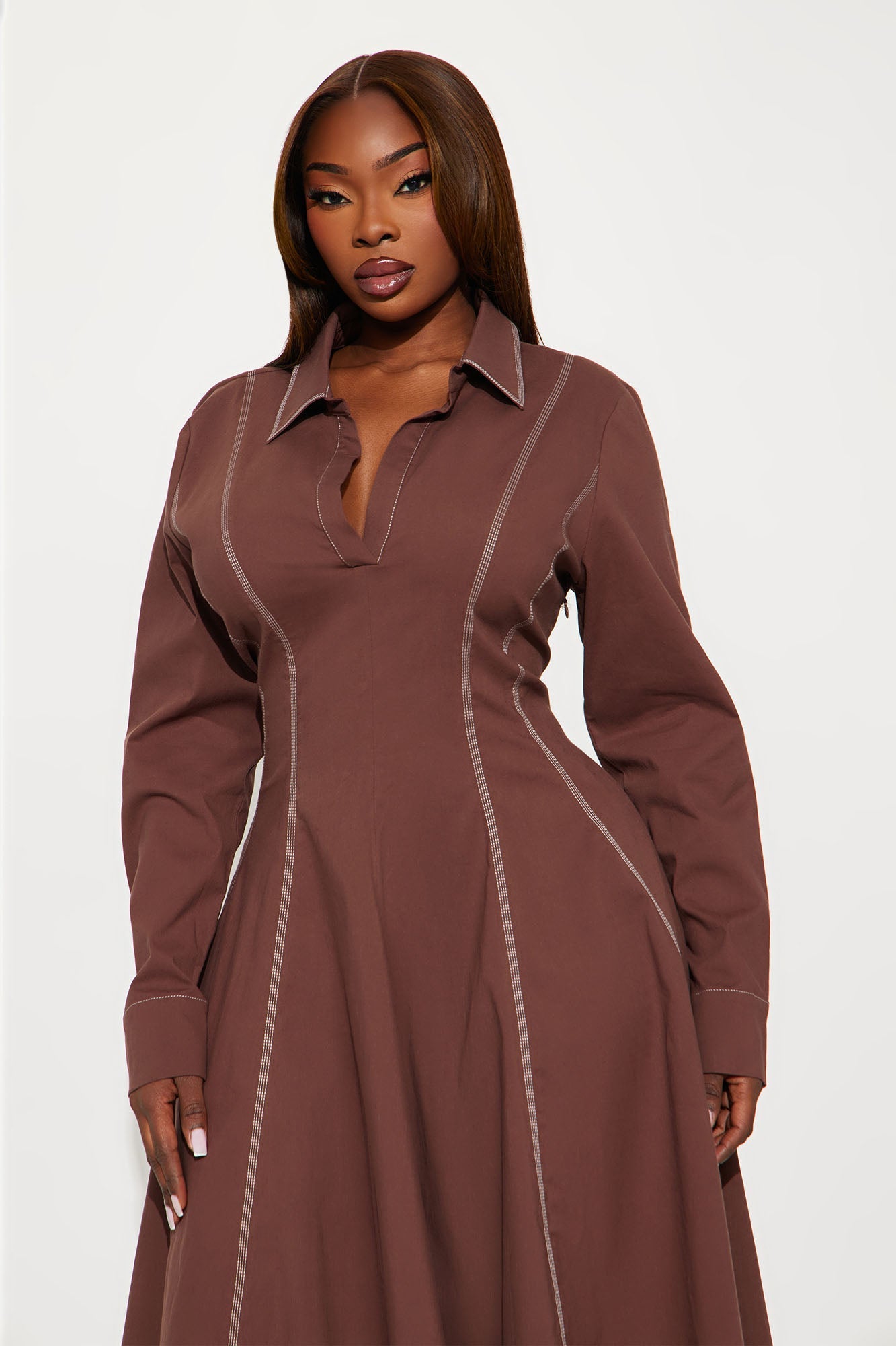 Prim Collared Long Sleeve Midi Dress - Chocolate